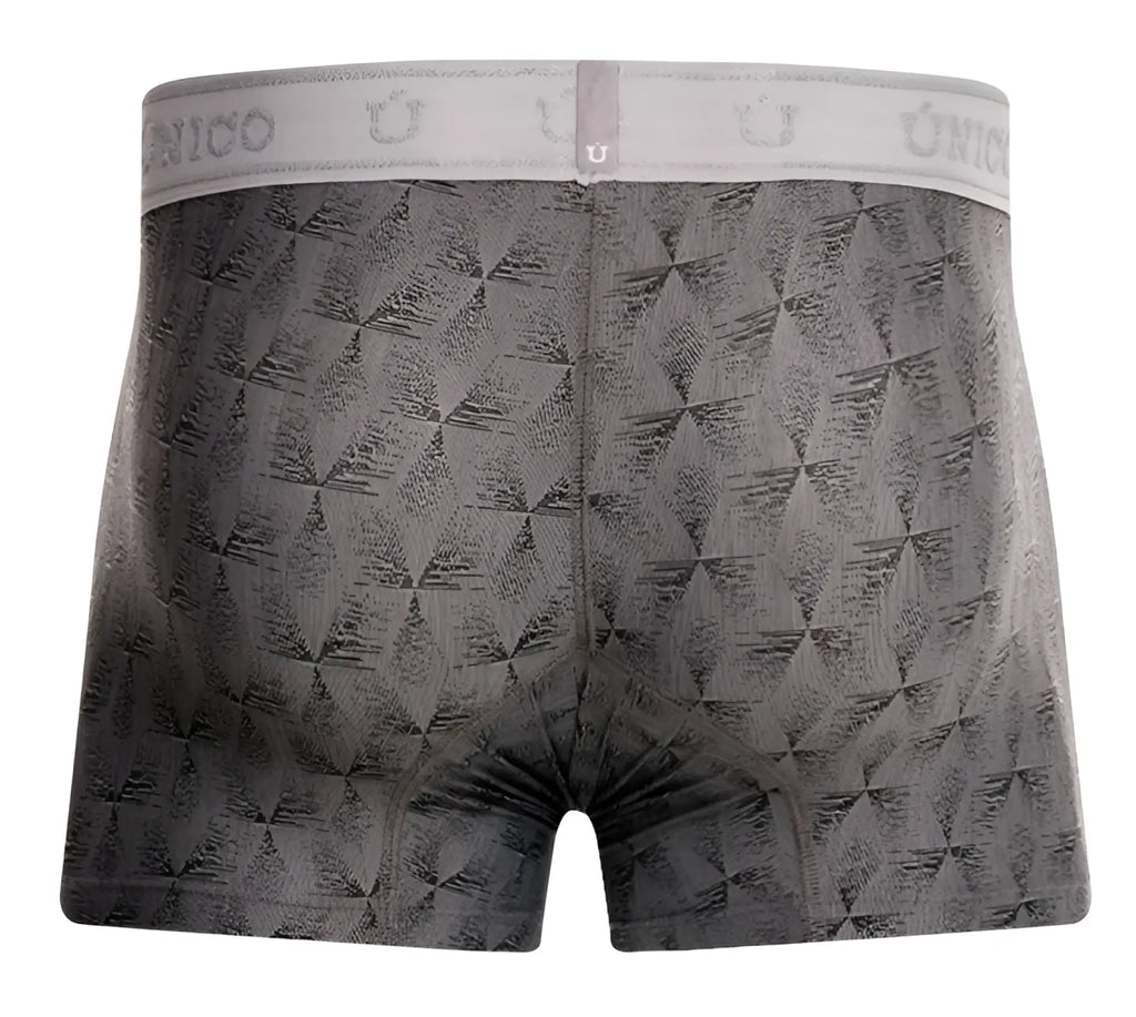 Gray unico boxer briefs with a subtle geometric pattern and branded elastic waistband in color 59-gray