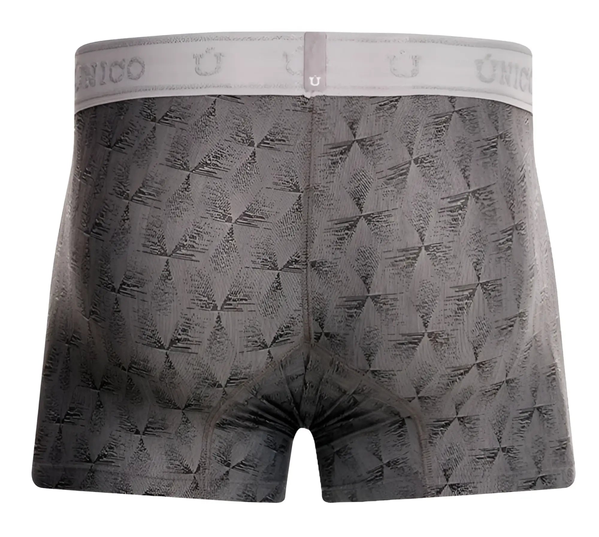Gray unico boxer briefs with a subtle geometric pattern and branded elastic waistband in color 59-gray