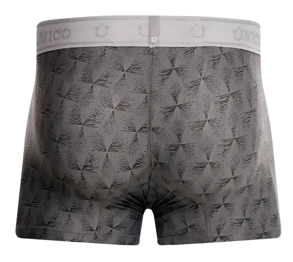 Gray unico boxer briefs with a subtle geometric pattern and branded elastic waistband in color 59-gray