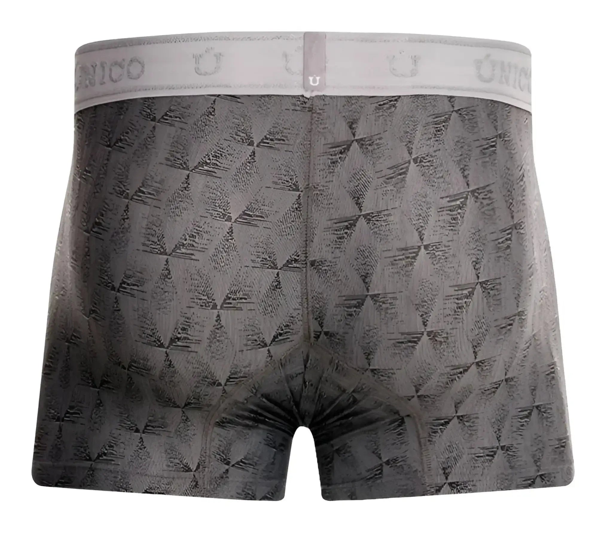 Gray unico boxer briefs with a subtle geometric pattern and branded elastic waistband in color 59-gray
