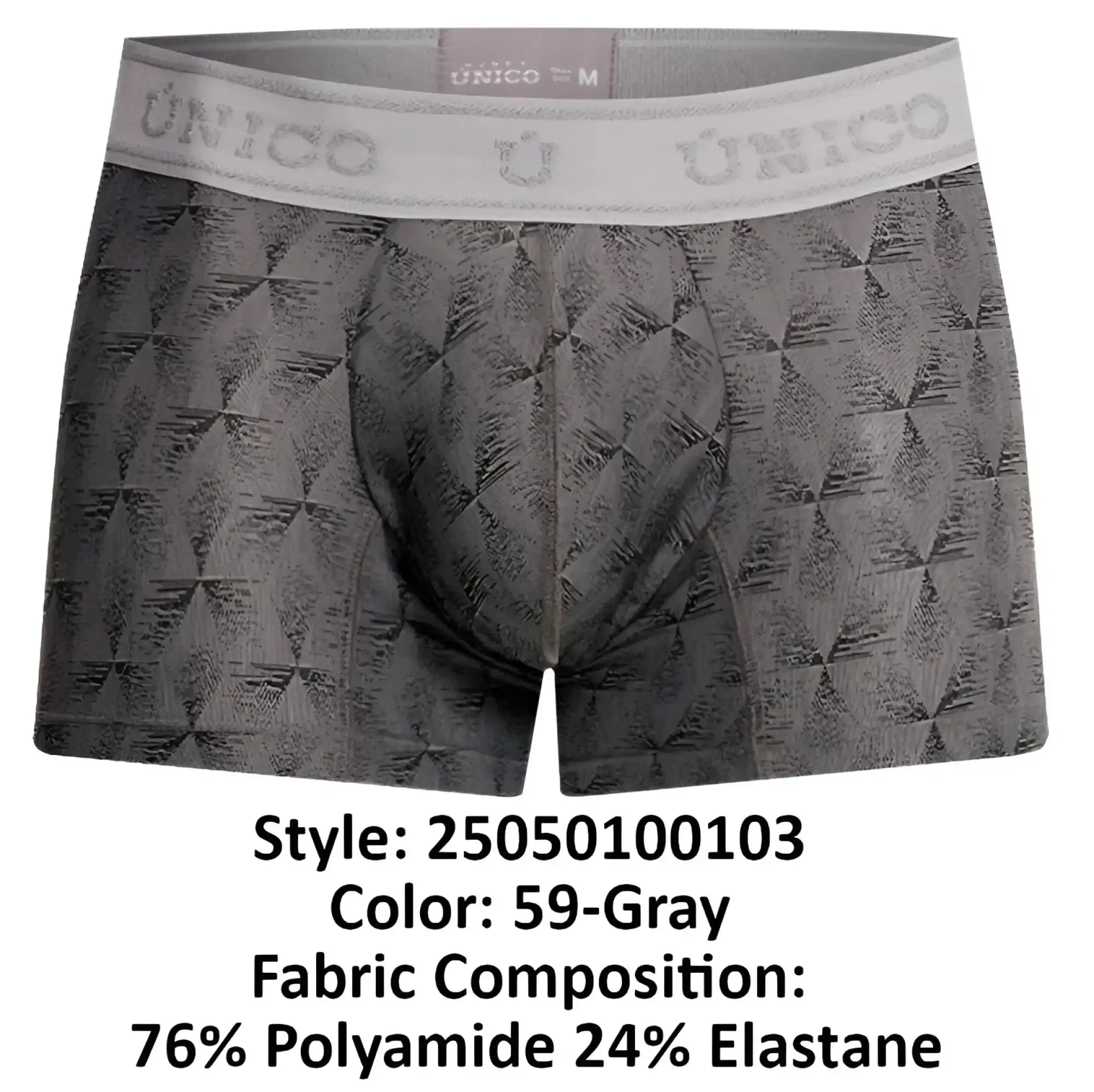 Unico 25050100103 chisell trunks gray men’s boxer briefs with subtle geometric pattern and branded elastic waistband