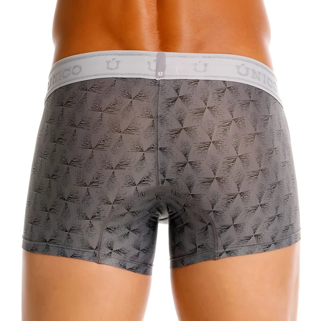 Gray patterned unico 25050100103 chisell trunks boxer briefs with white elastic waistband and brand logo