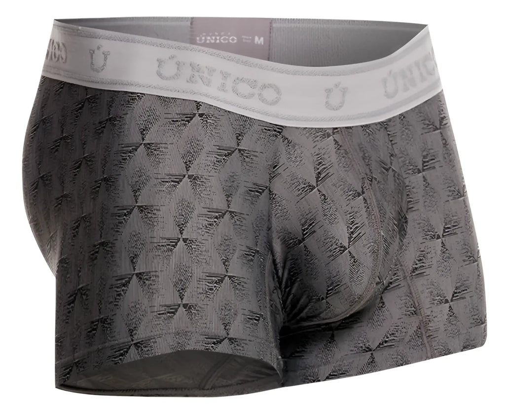 Gray patterned men’s boxer briefs with white unico waistband in unico 25050100103 chisell trunks color 59-gray