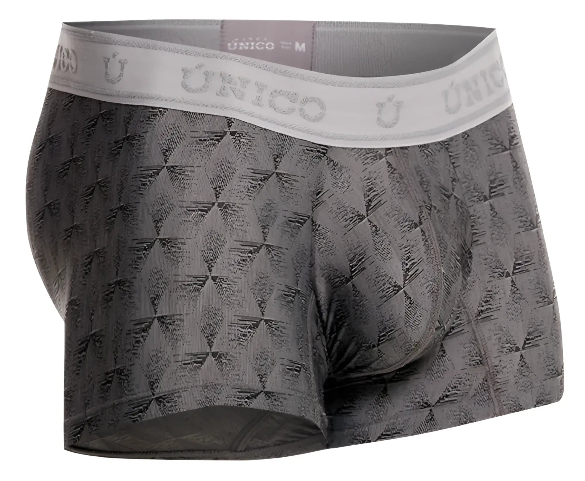 Gray patterned men’s boxer briefs with white unico waistband in unico 25050100103 chisell trunks color 59-gray