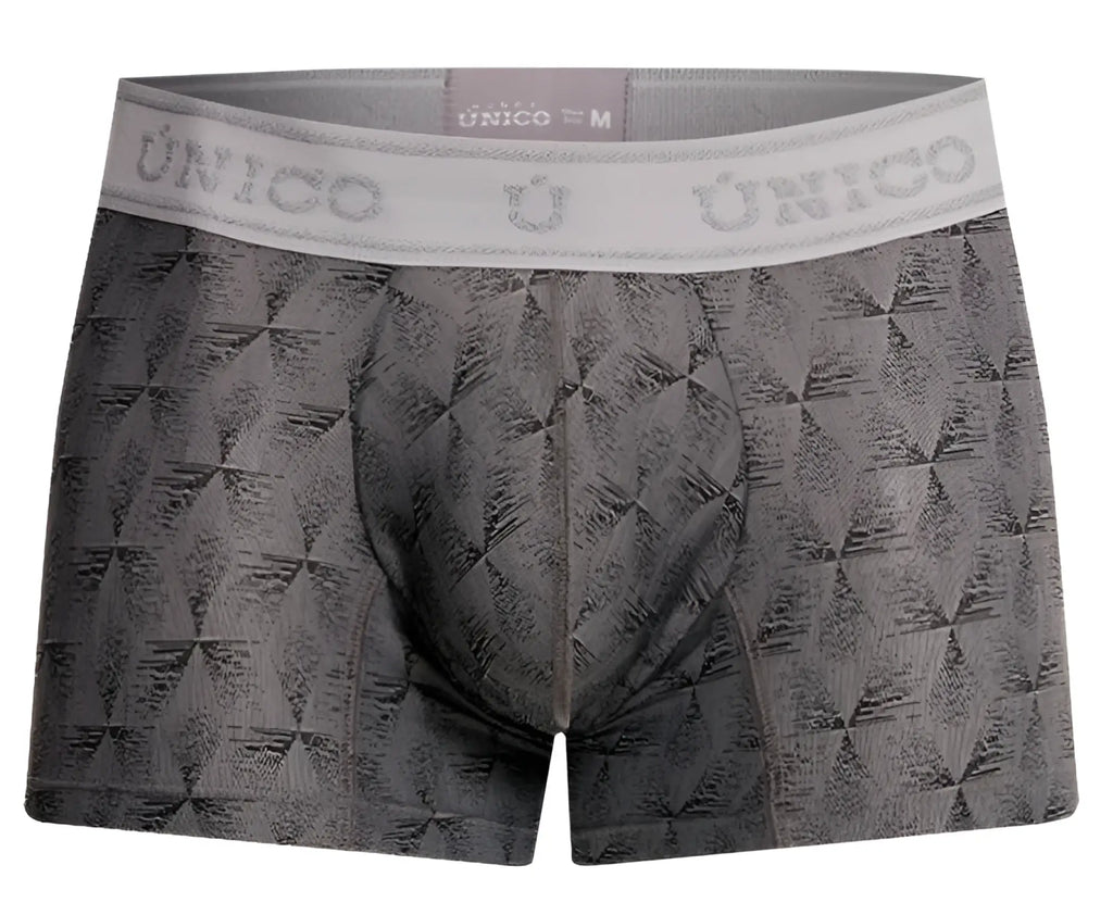 Gray patterned men’s boxer briefs with white unico elastic waistband in chisell trunks style color 59-gray