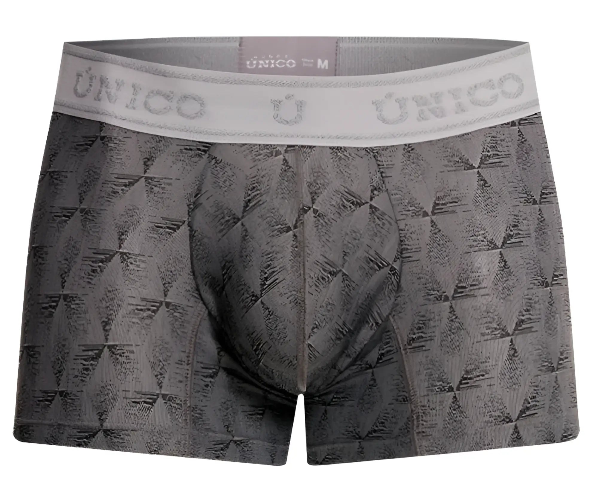 Gray patterned men’s boxer briefs with white unico elastic waistband in chisell trunks style color 59-gray