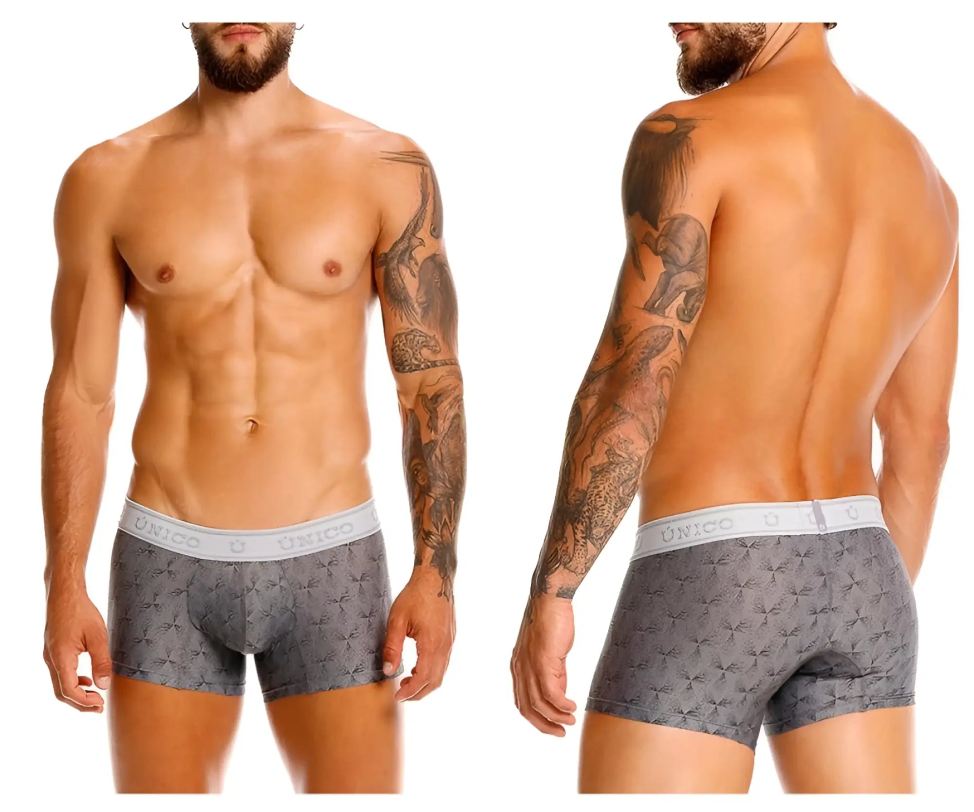 Gray patterned men’s boxer briefs with white unico elastic waistband in unico 25050100103 chisell trunks color 59-gray