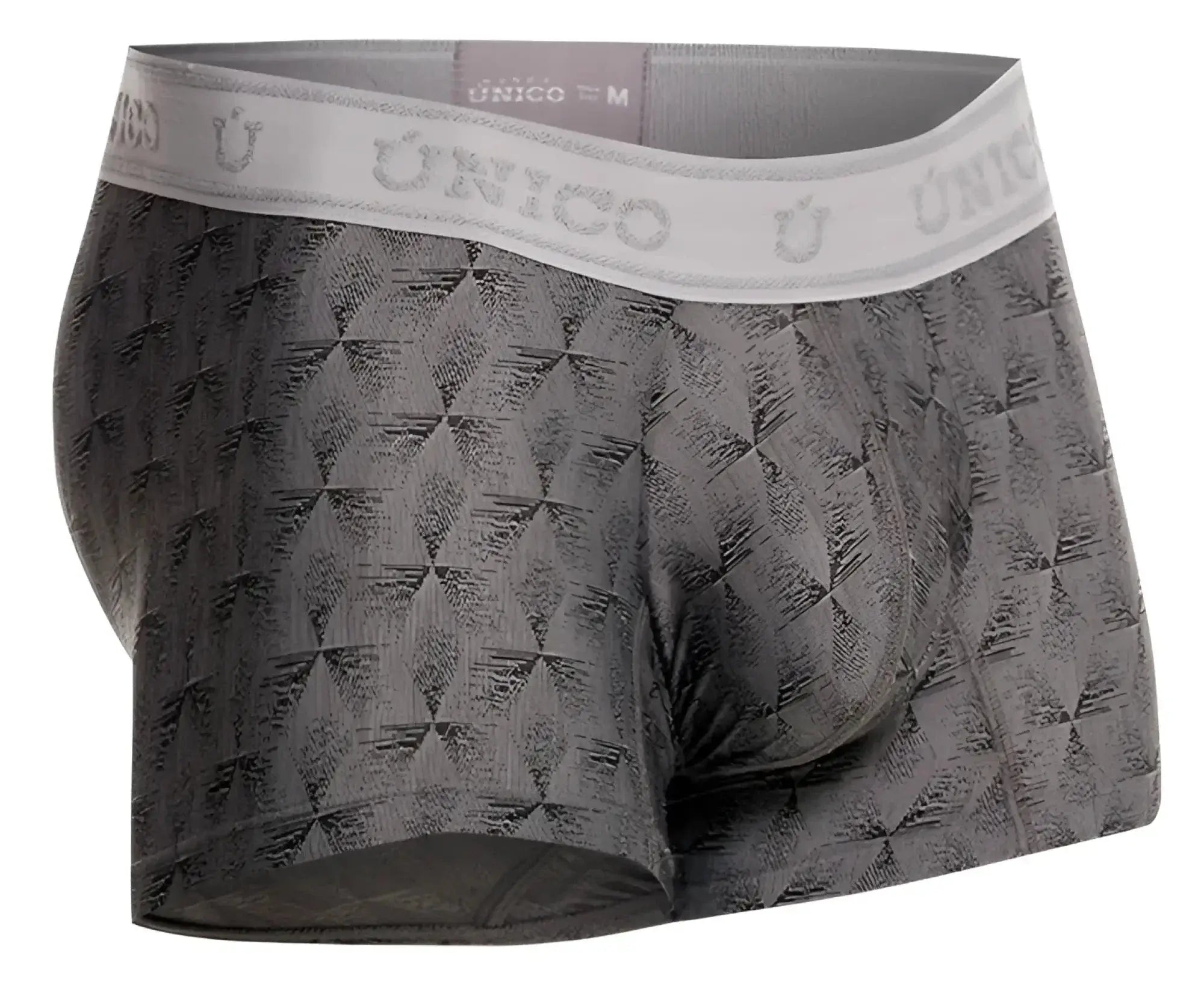 Gray patterned men’s boxer briefs with white unico waistband in unico 25050100103 chisell trunks color 59-gray