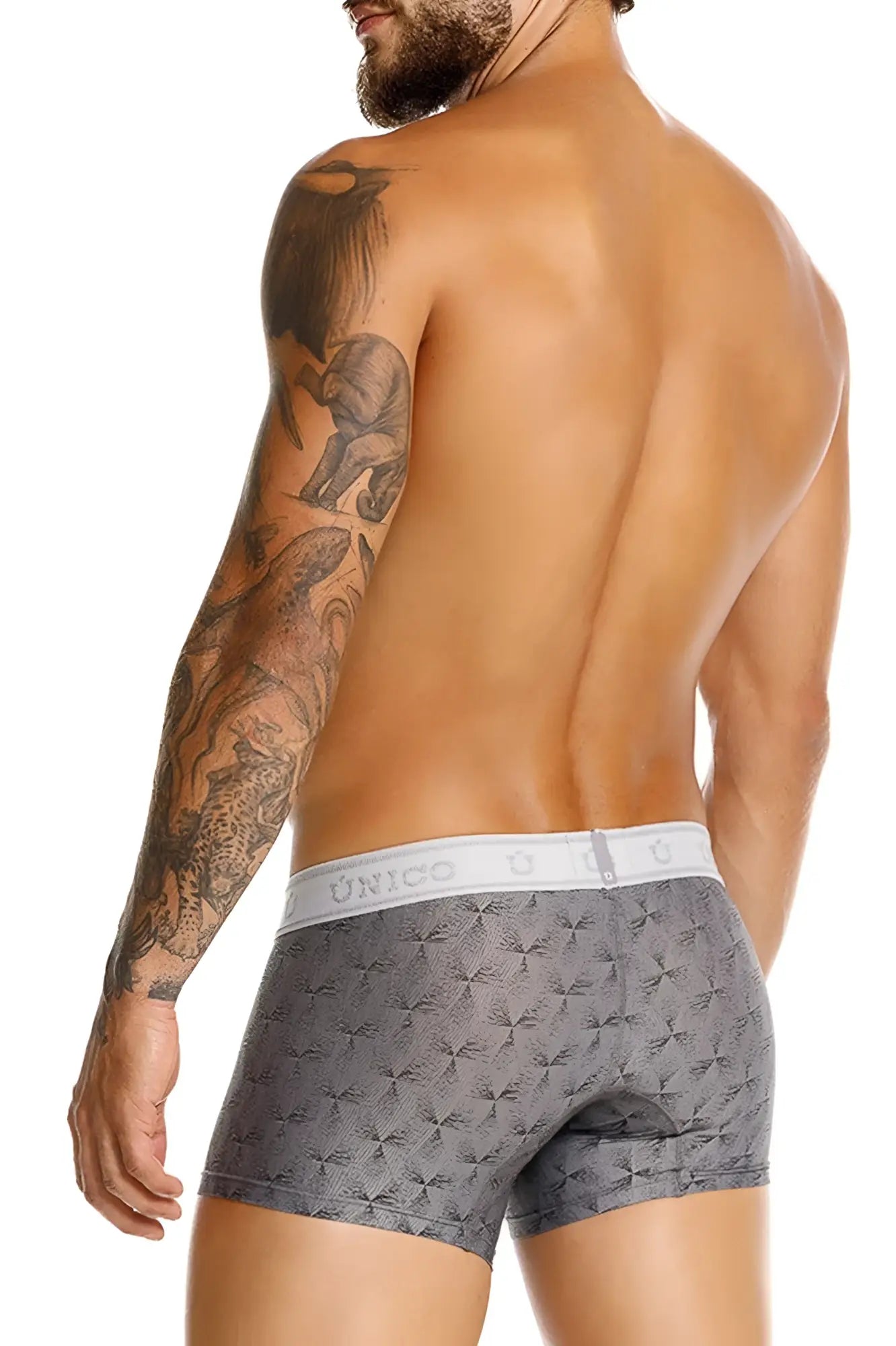 Unico 25050100103 Chisell trunks gray patterned briefs with white elastic waistband featuring unico brand name