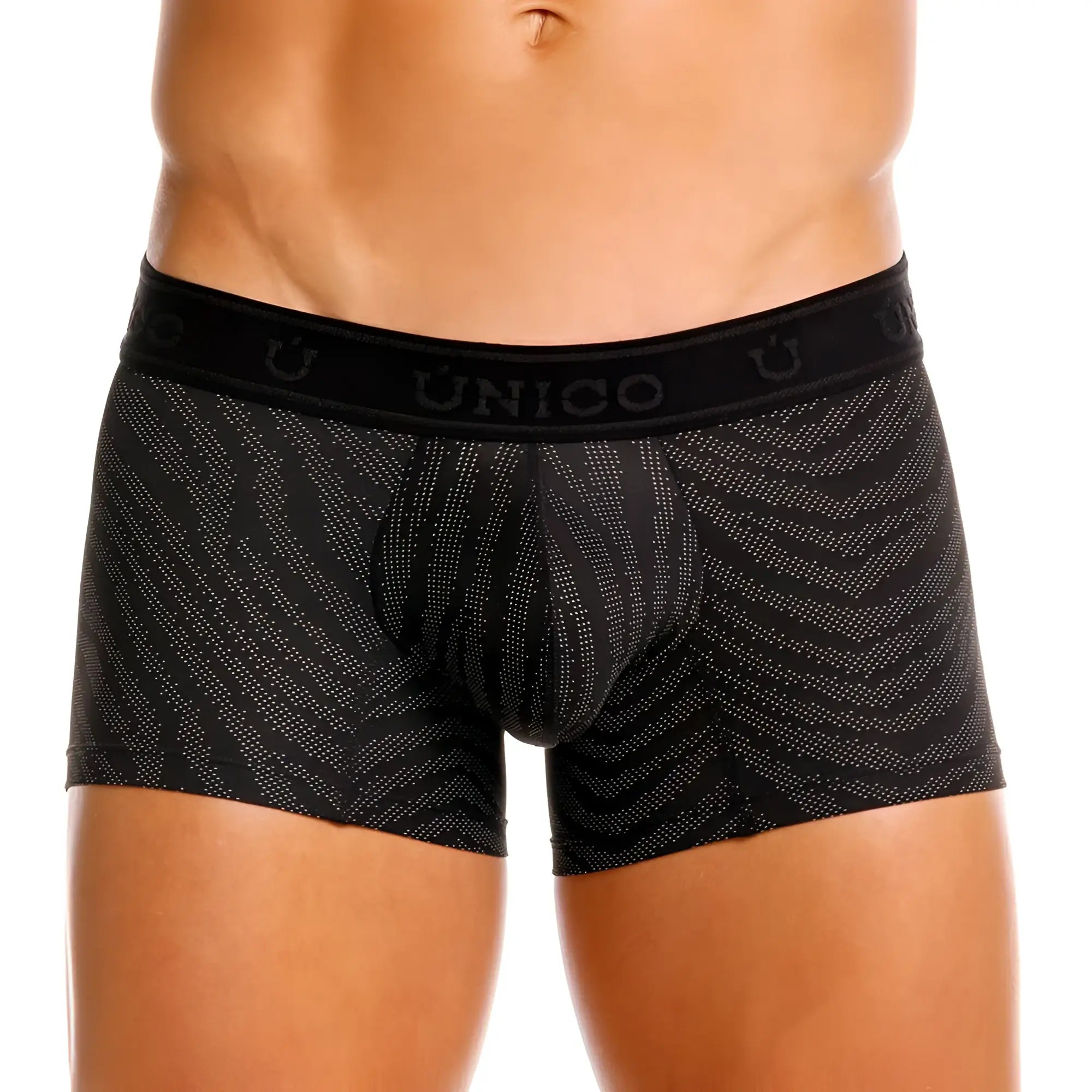 Black unico 25050100104 zelmur trunks with subtle gray zigzag pattern and branded elastic waistband