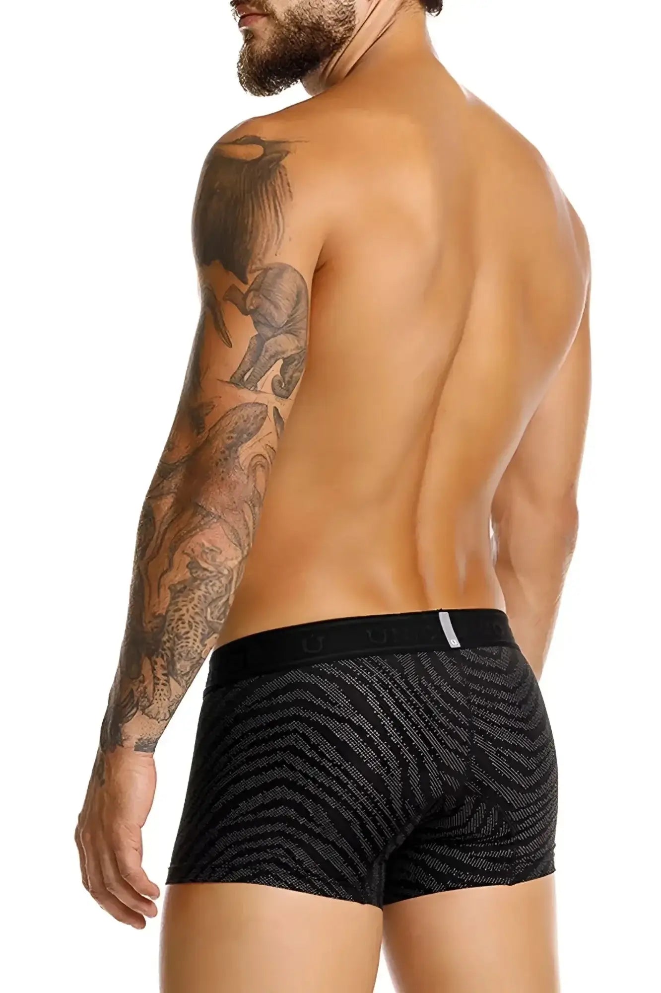 Unico 25050100104 Zelmur trunks black boxer briefs with subtle zebra-striped pattern and branded elastic waistband