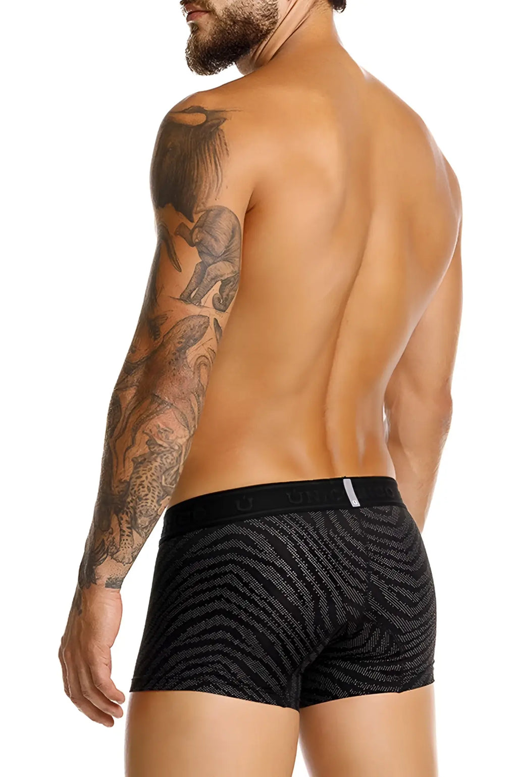 Unico 25050100104 Zelmur trunks black boxer briefs with subtle zebra-striped pattern and branded elastic waistband