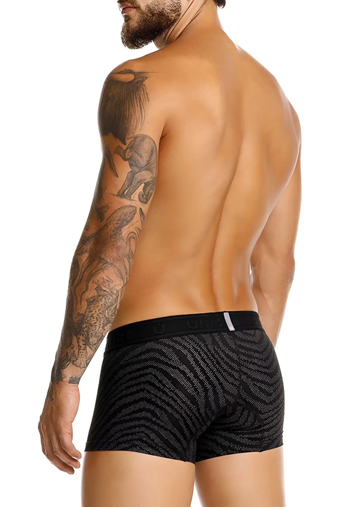 Unico 25050100104 Zelmur trunks black boxer briefs with subtle zebra-striped pattern and branded elastic waistband