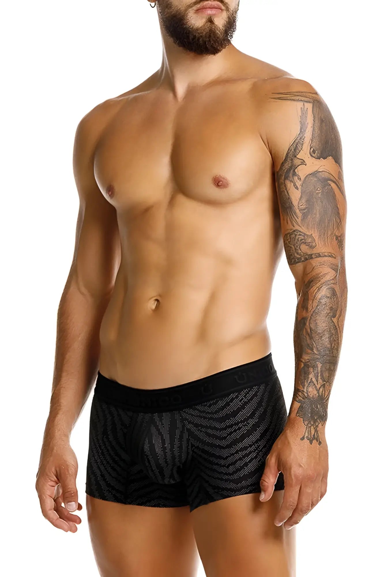 Unico 25050100104 Zelmur black boxer briefs with subtle zebra stripes and elastic waistband with brand logo