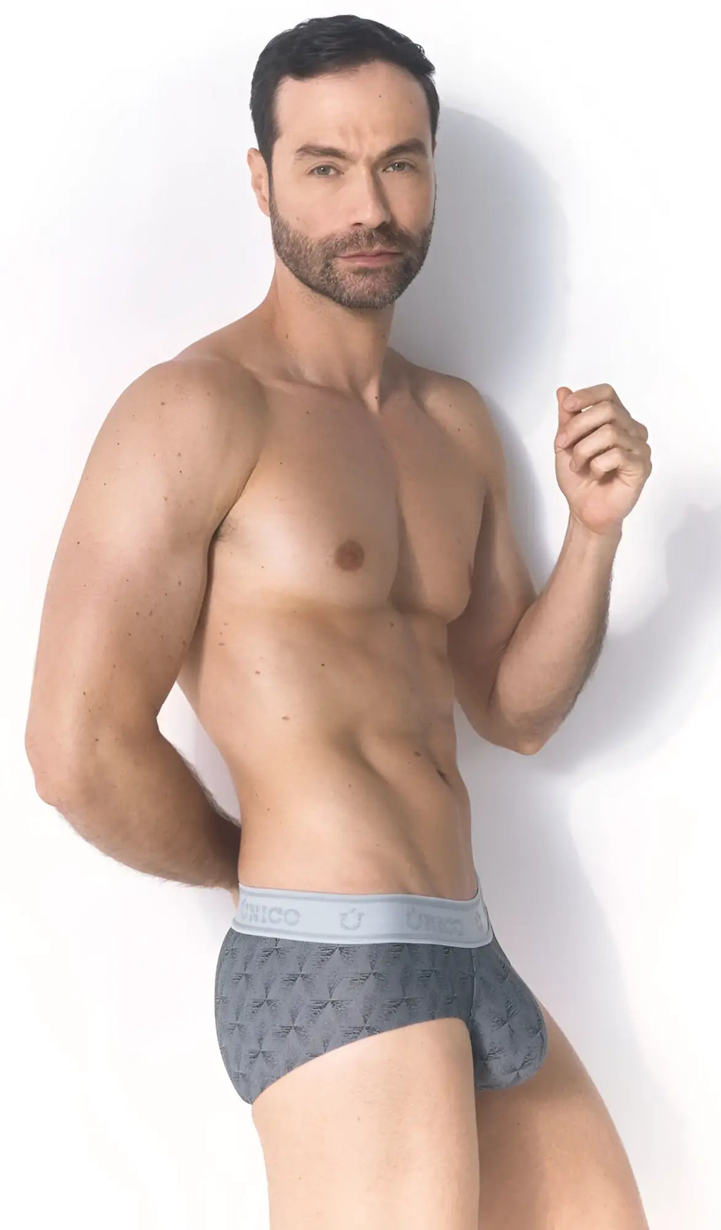 Unico 25050101103 chisell briefs in gray feature a gray patterned fabric and a light gray danco logo waistband