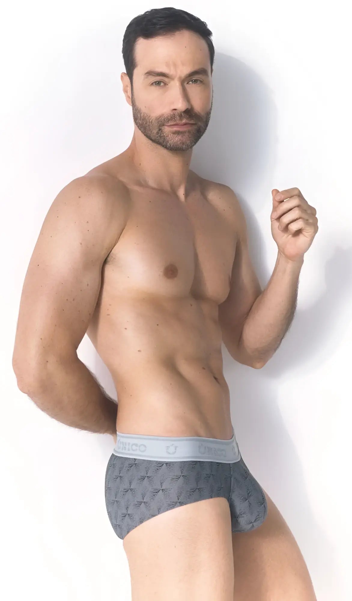 Unico 25050101103 chisell briefs in gray feature a gray patterned fabric and a light gray danco logo waistband