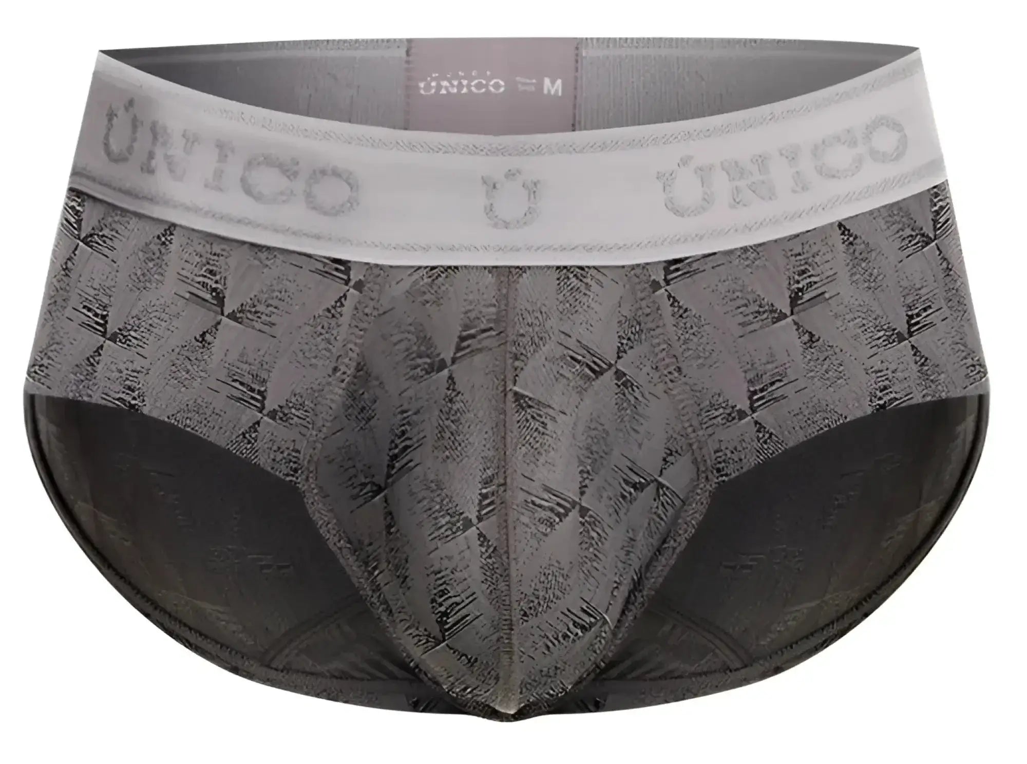 Gray patterned men’s Unico 25050101103 Chisell briefs with a white waistband featuring the brand name