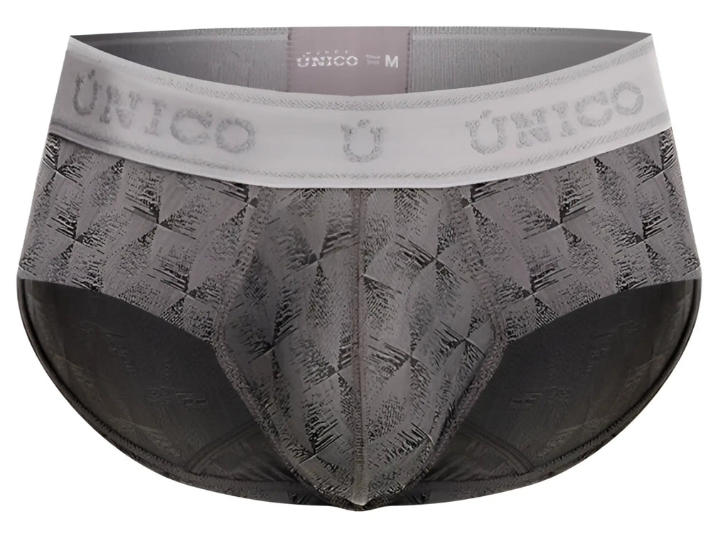 Gray patterned men’s Unico 25050101103 Chisell briefs with a white waistband featuring the brand name