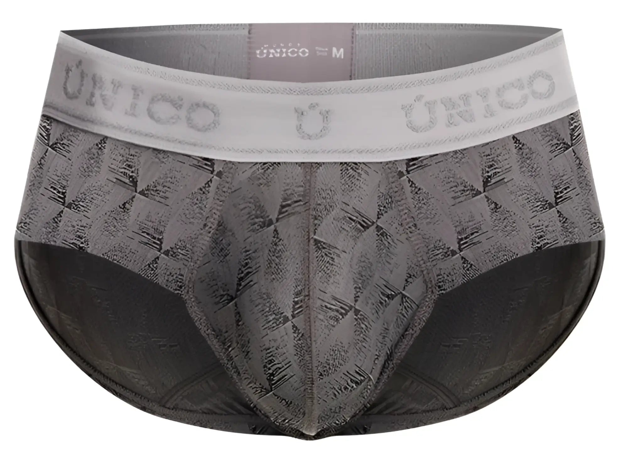 Gray patterned men’s Unico 25050101103 Chisell briefs with a white waistband featuring the brand name
