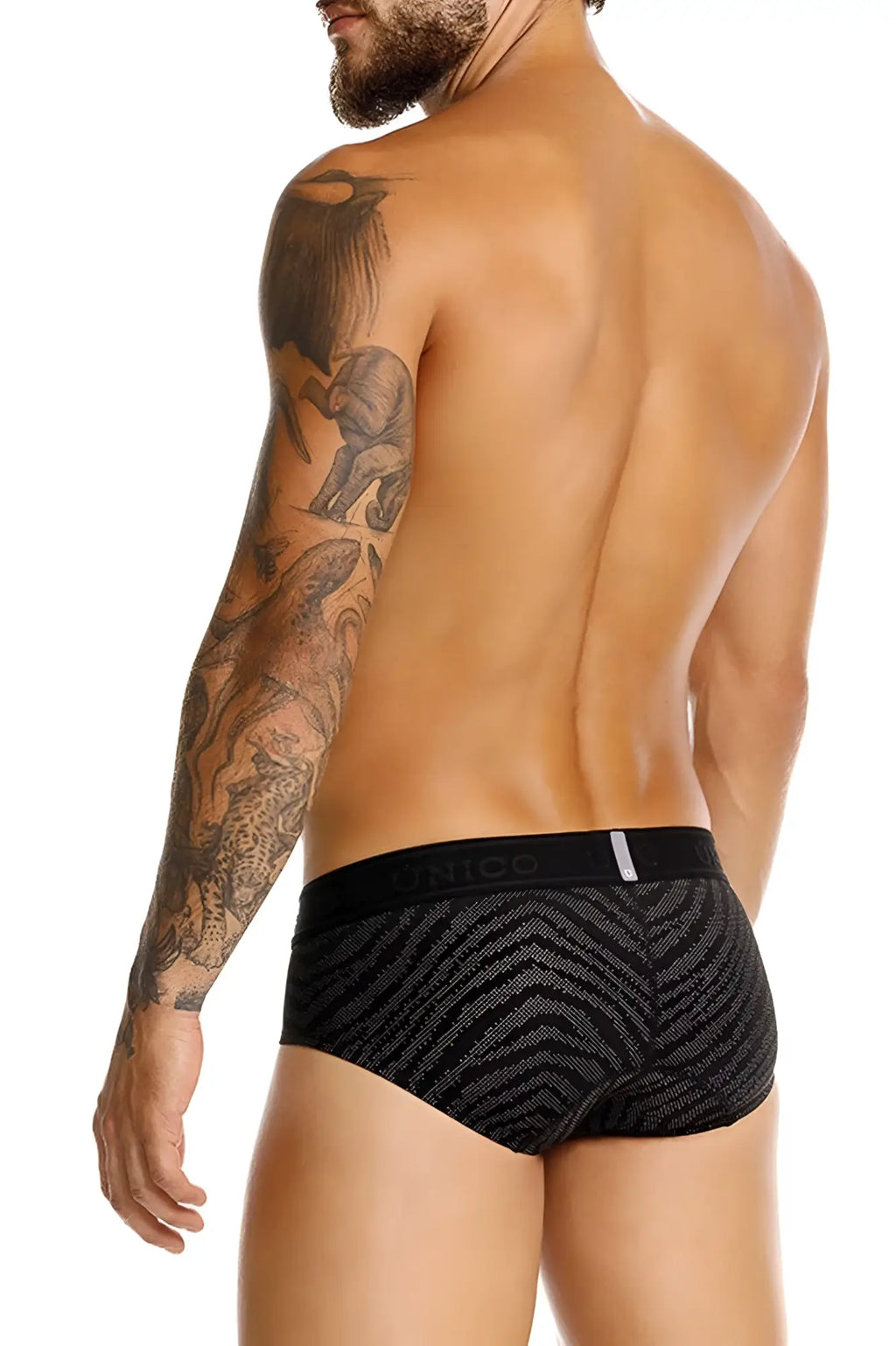 Unico 25050101104 Zelmur briefs in black with gray zigzag pattern and black elastic waistband featuring unico brand name