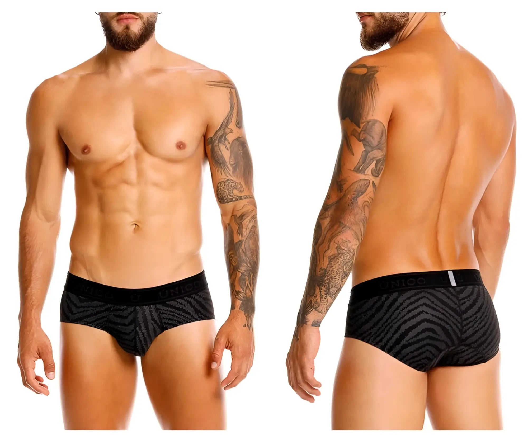 Black and gray zebra-striped men’s briefs with black elastic waistband branded nico unico 25050101104 zelmur briefs color 99-black