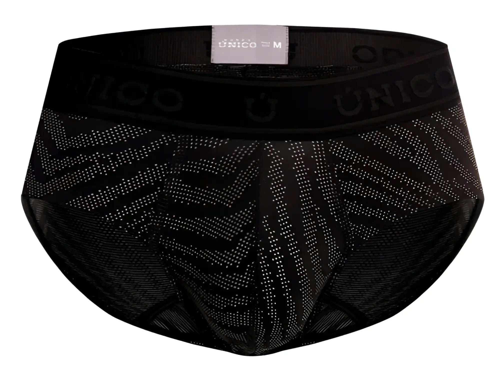 Black unico zelmur briefs with geometric pattern and mesh fabric in color 99 black showing front view