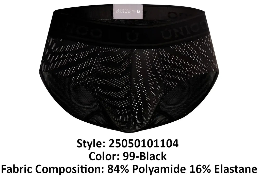 Black unico zelmur men’s briefs with subtle geometric pattern and elastic waistband color 99 black front view