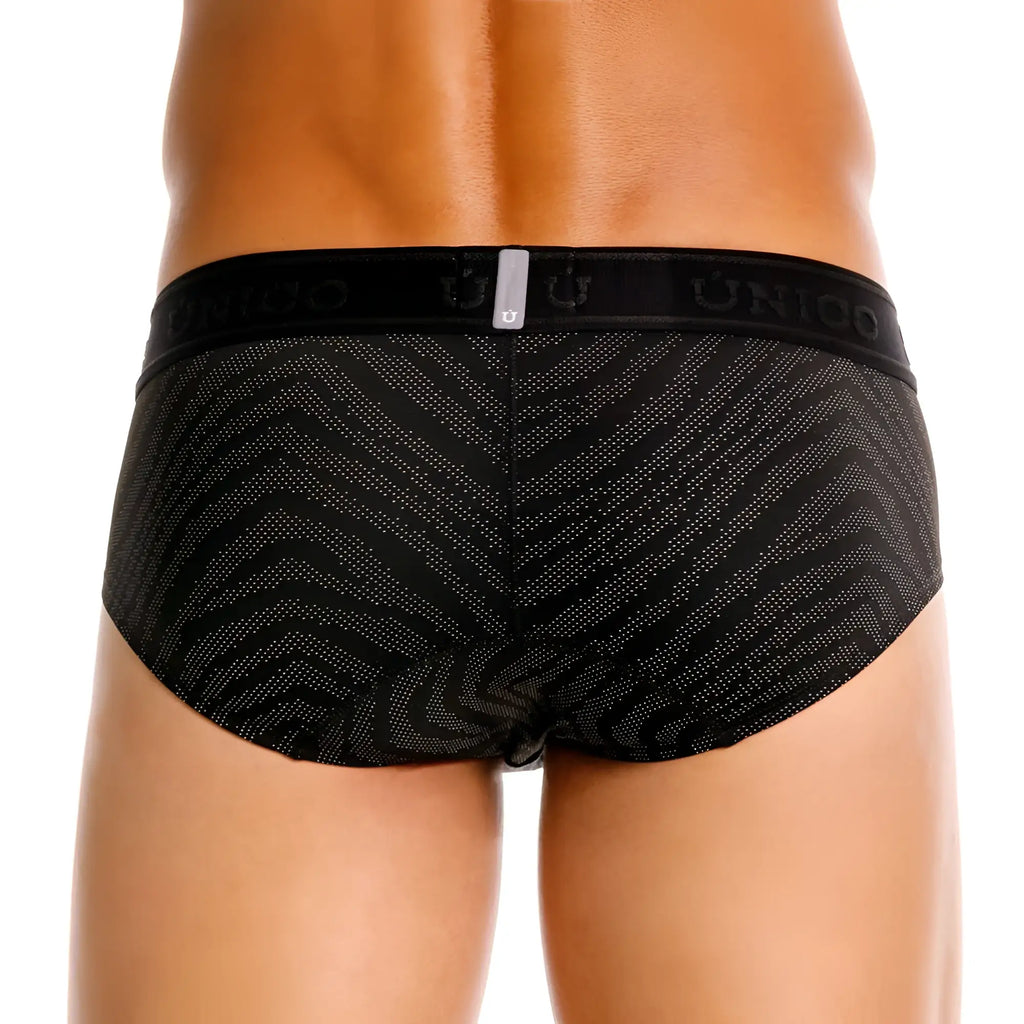 Black unico 25050101104 zelmur briefs featuring a subtle geometric pattern with silver dots and a branded waistband