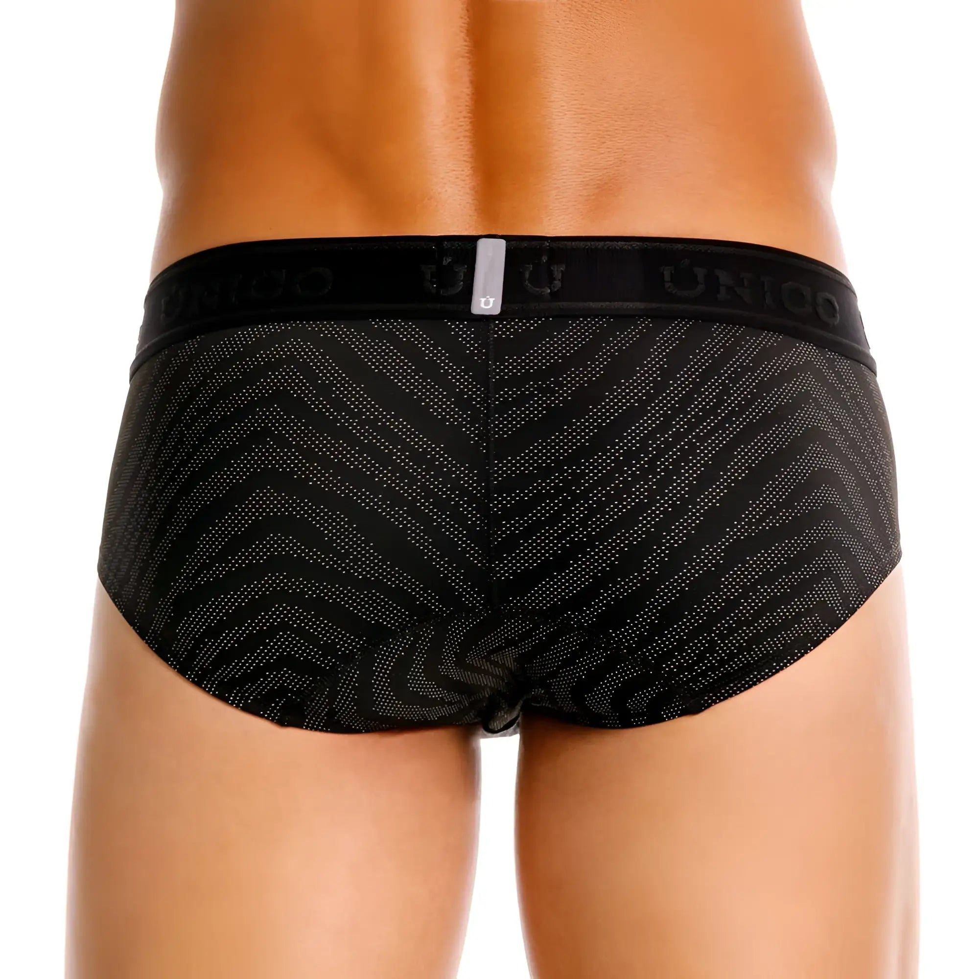Black unico 25050101104 zelmur briefs featuring a subtle geometric pattern with silver dots and a branded waistband