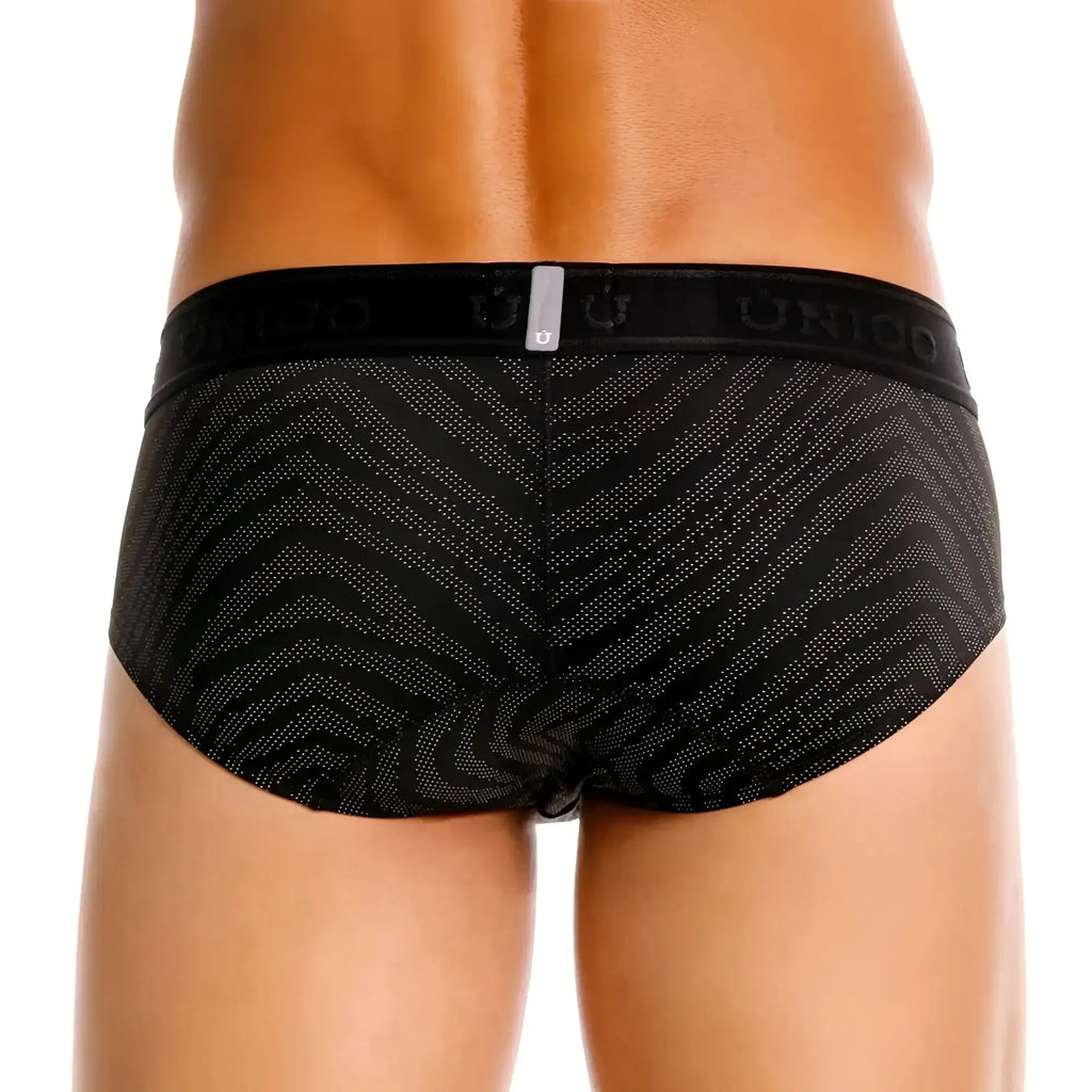 Black unico 25050101104 zelmur briefs featuring a subtle geometric pattern with silver dots and a branded waistband