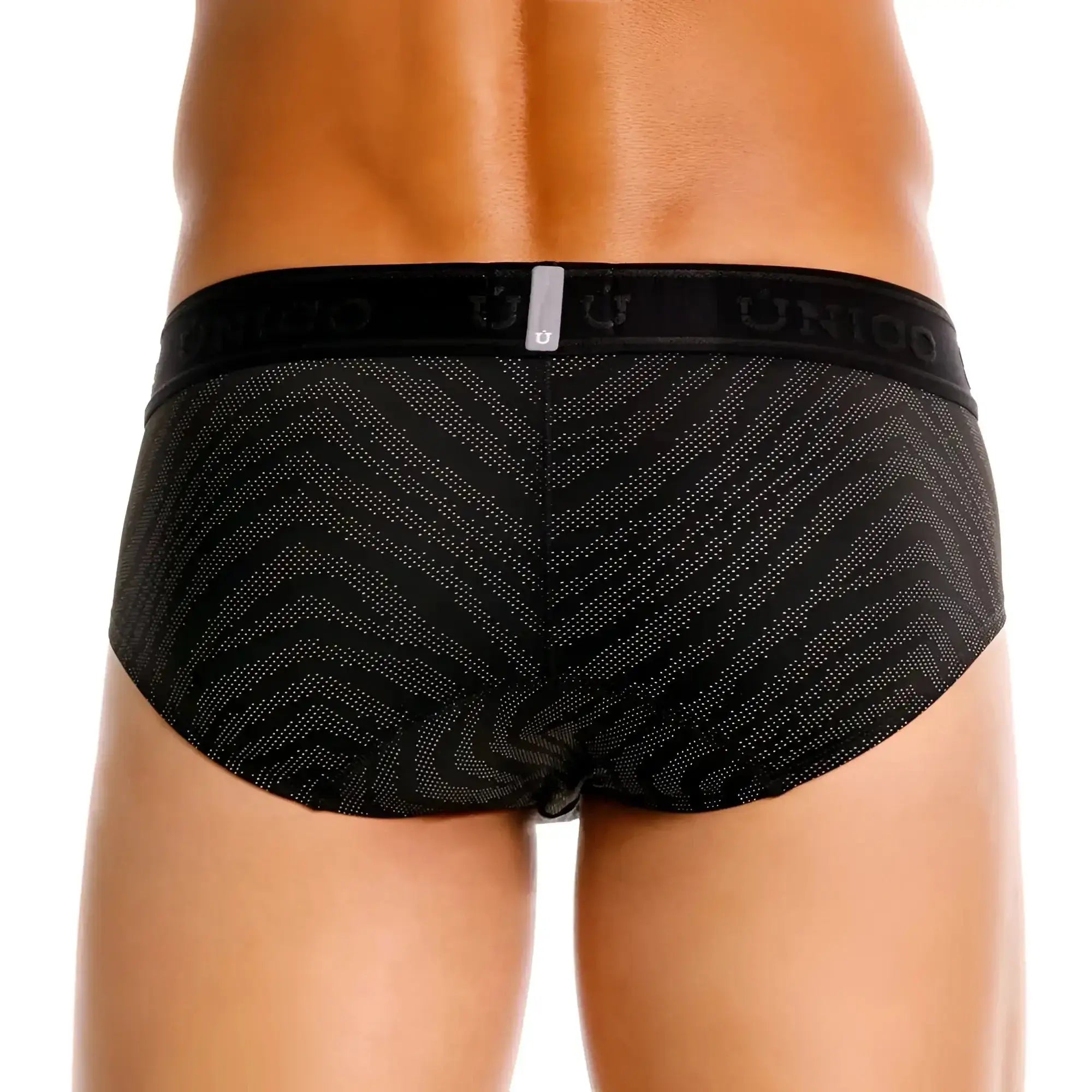 Black unico 25050101104 zelmur briefs featuring a subtle geometric pattern with silver dots and a branded waistband