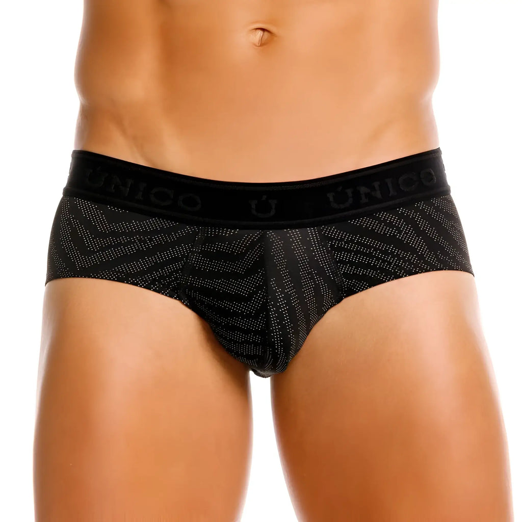 Black unico zelmur briefs with subtle geometric pattern faint white dots and embroidered brand name on waistband