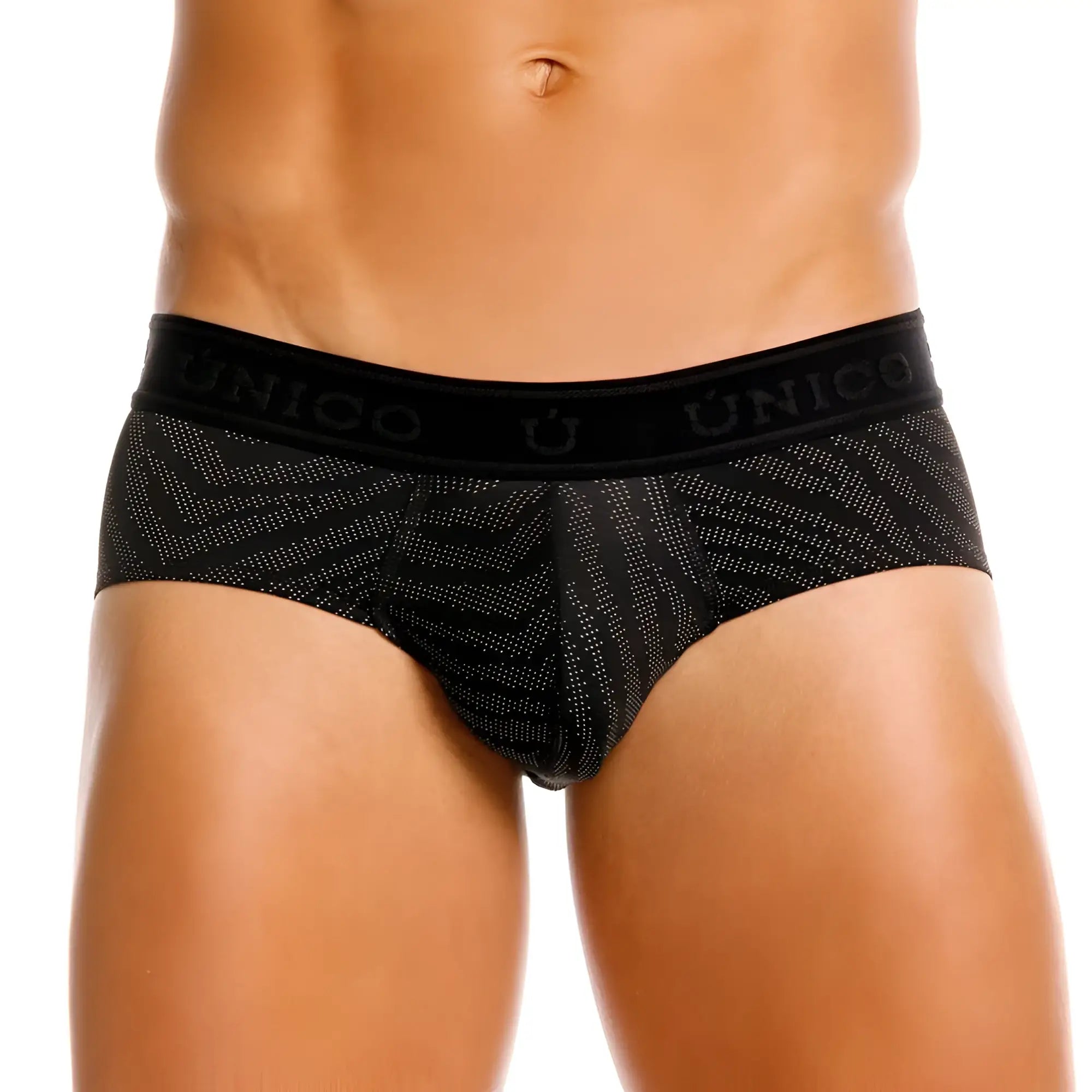 Black unico zelmur briefs with subtle geometric pattern faint white dots and embroidered brand name on waistband