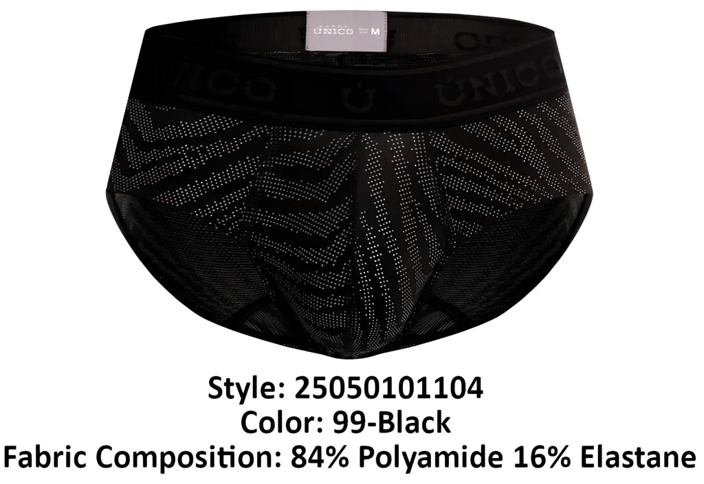 Black unico zelmur men’s briefs with subtle geometric pattern and elastic waistband color 99 black front view