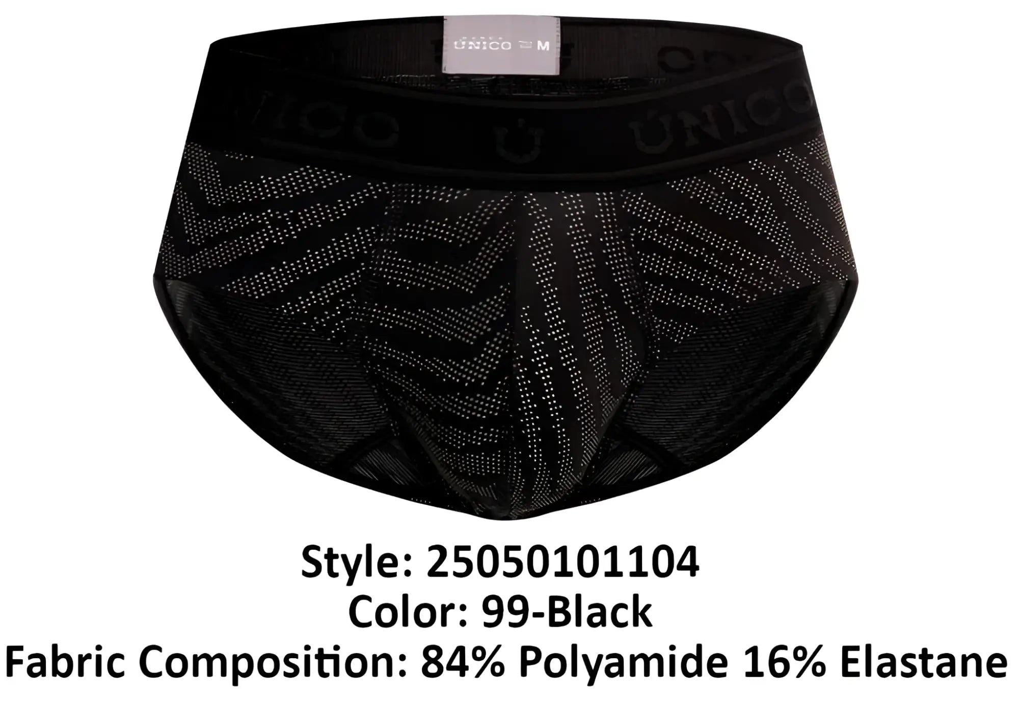 Black unico zelmur men’s briefs with subtle geometric pattern and elastic waistband color 99 black front view