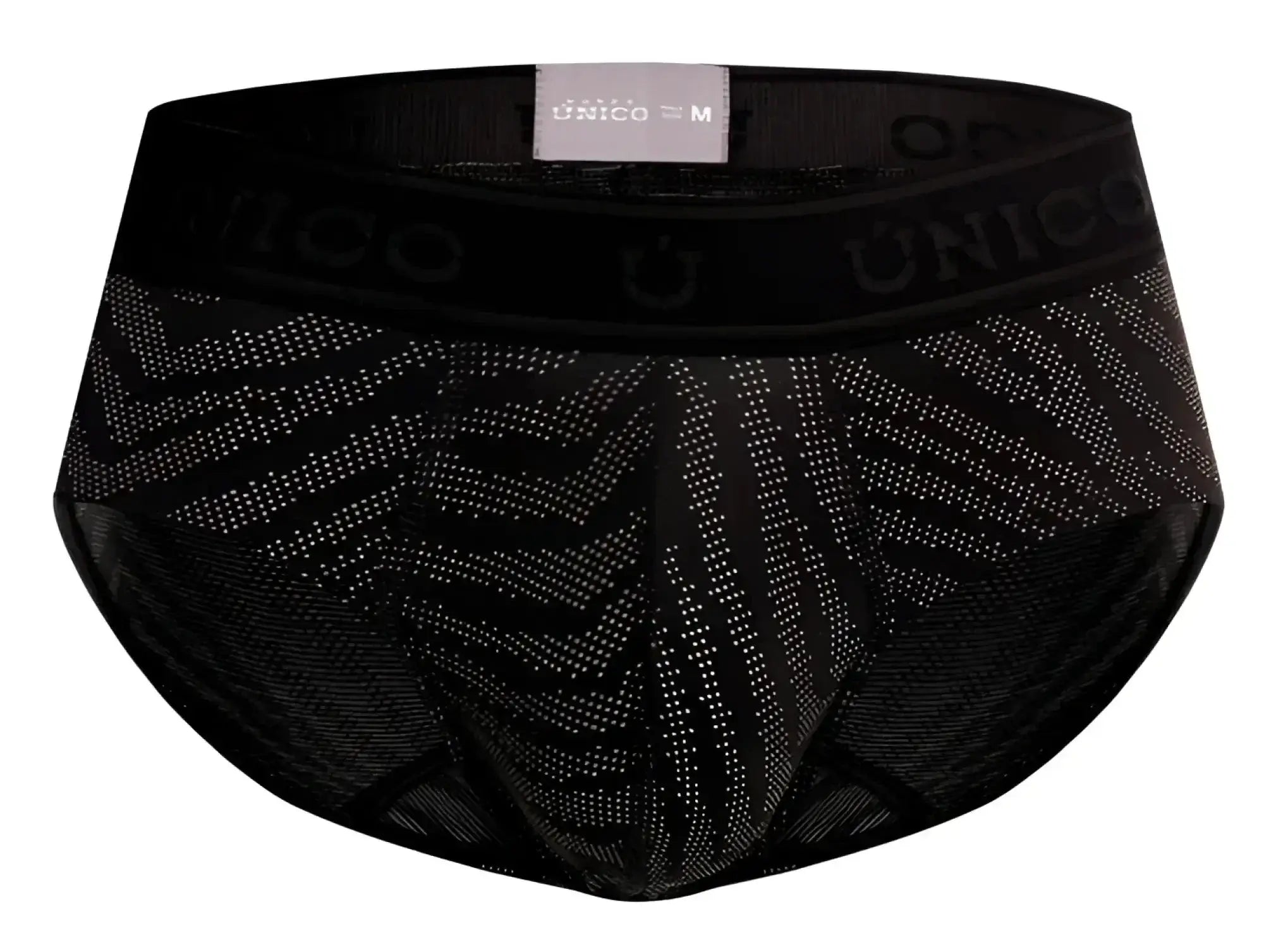 Black unico zelmur briefs with geometric pattern and mesh fabric in color 99 black showing front view