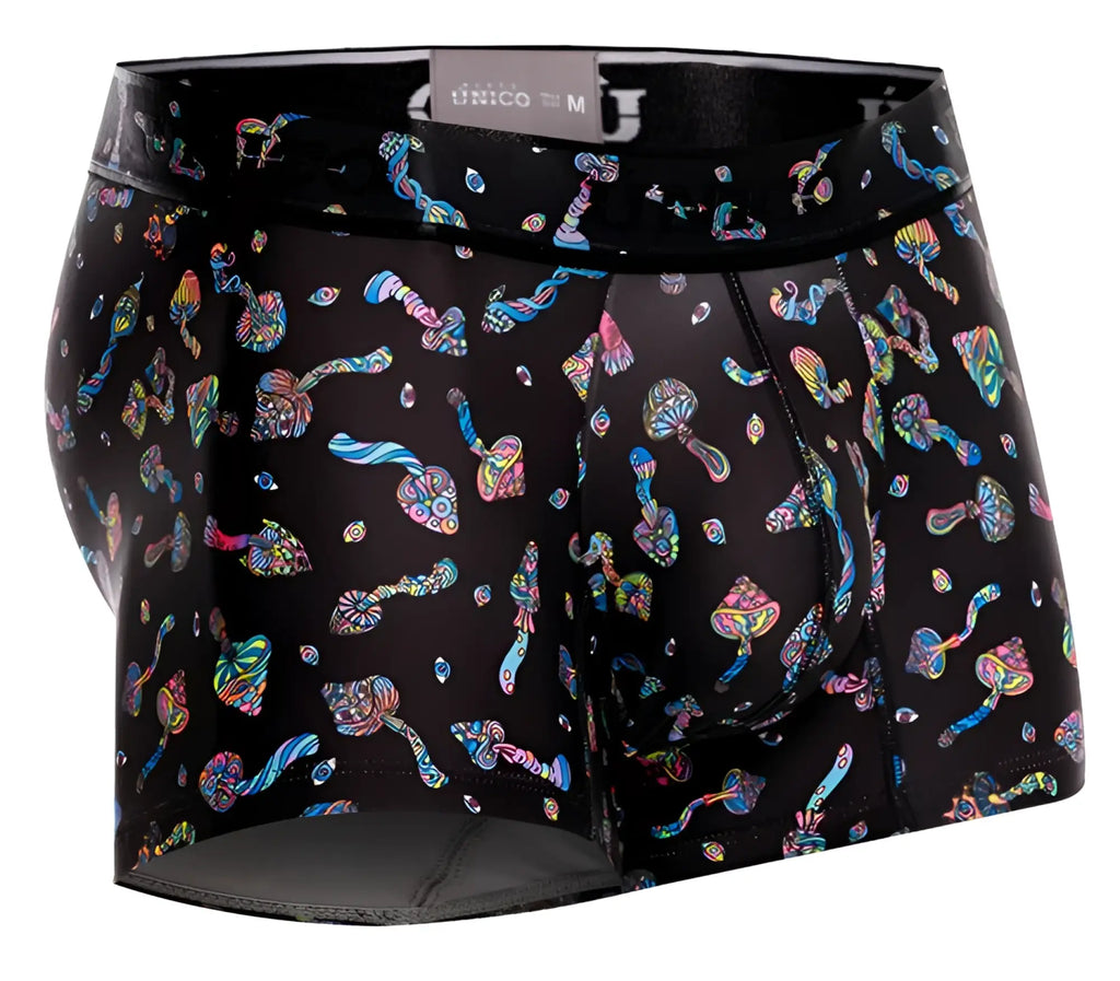 Black unico 25060100103 hongos trunks boxer briefs with vibrant iridescent mushroom pattern in rainbow hues