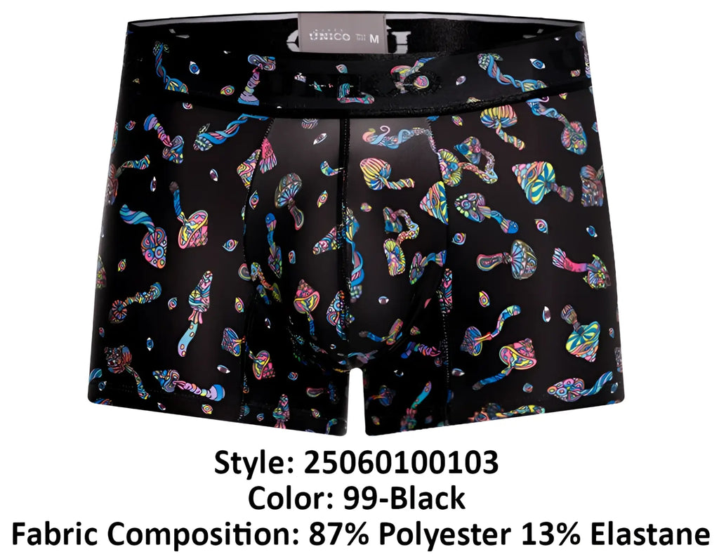 Black unico men’s boxer briefs with vibrant iridescent mushroom pattern in color 99-black hongos trunks design