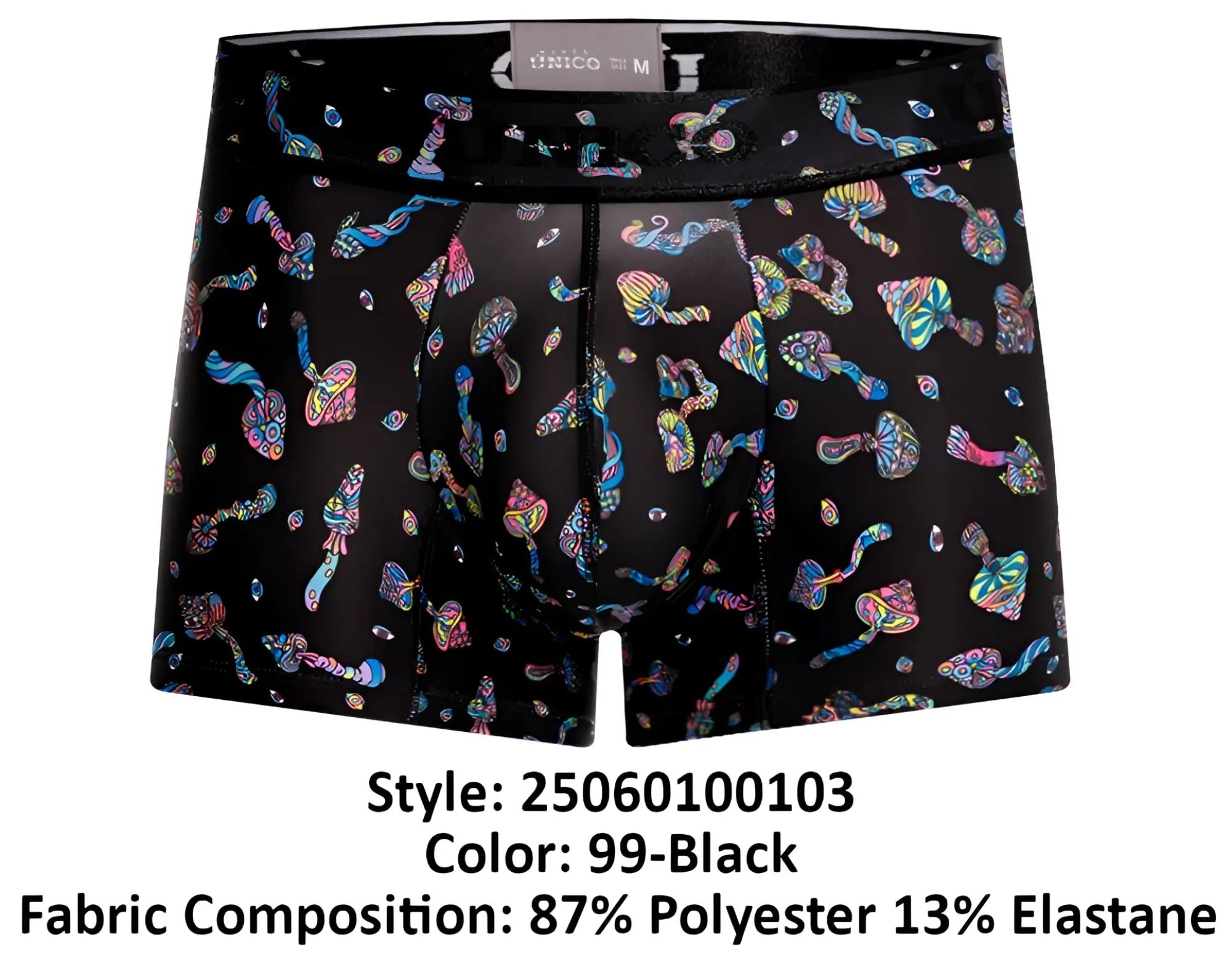 Black unico men’s boxer briefs with vibrant iridescent mushroom pattern in color 99-black hongos trunks design