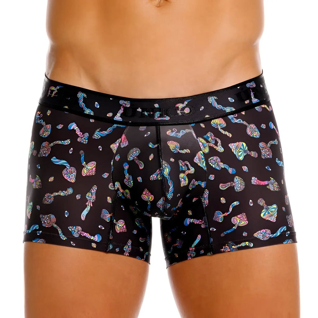 Black men’s boxer briefs unico 25060100103 hongos trunks in black with vibrant psychedelic rainbow mushroom pattern
