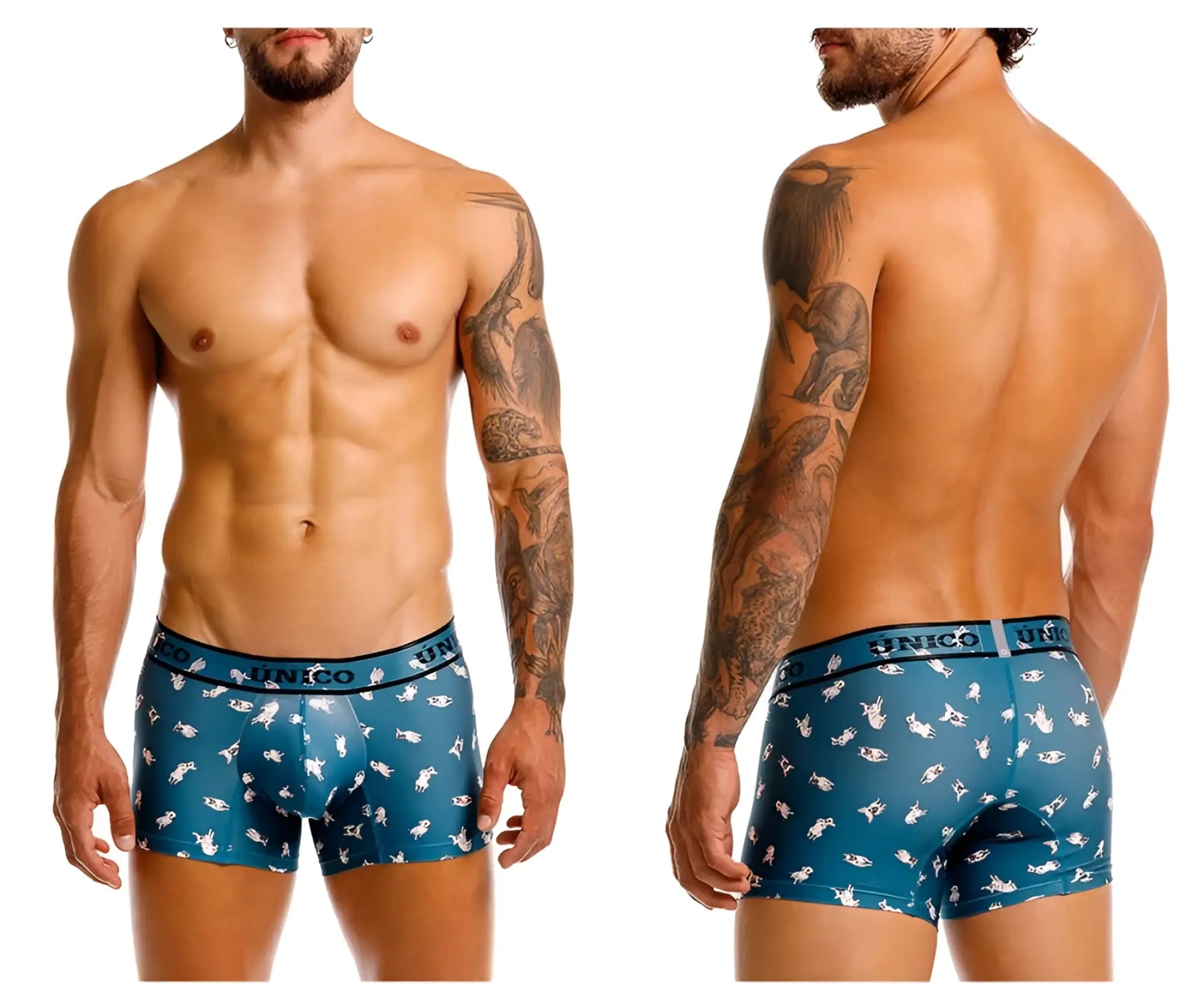 Teal blue boxer briefs with white shark pattern and unico branded waistband in unico 25060100104 chihuahua trunks color 43-blue
