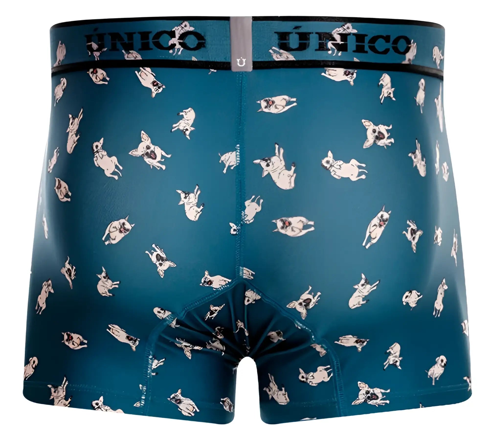 Teal unico boxer briefs with playful white and black pug pattern and unico waistband in chihuahua trunks color 43-blue