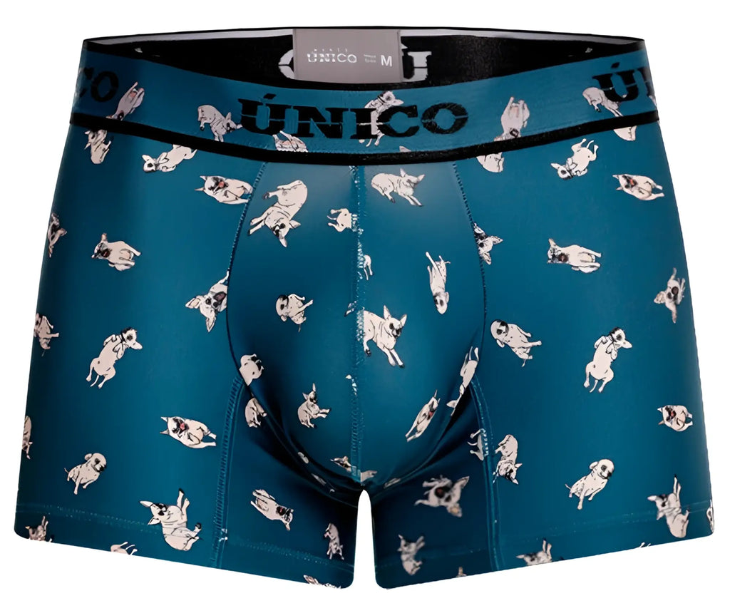 Teal unico boxer briefs with playful white and black pug pattern and unico waistband in blue color trunks style