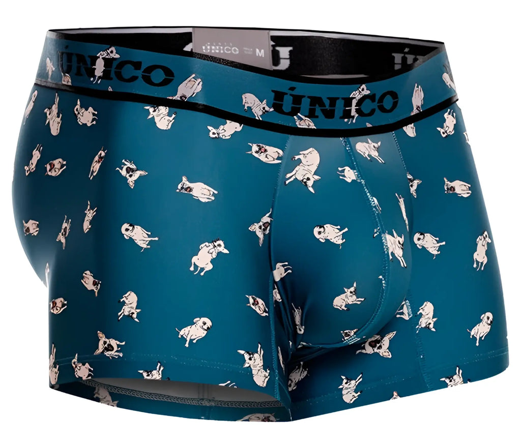 Teal men’s boxer briefs with playful white and black cartoon pugs and único branded waistband in blue color