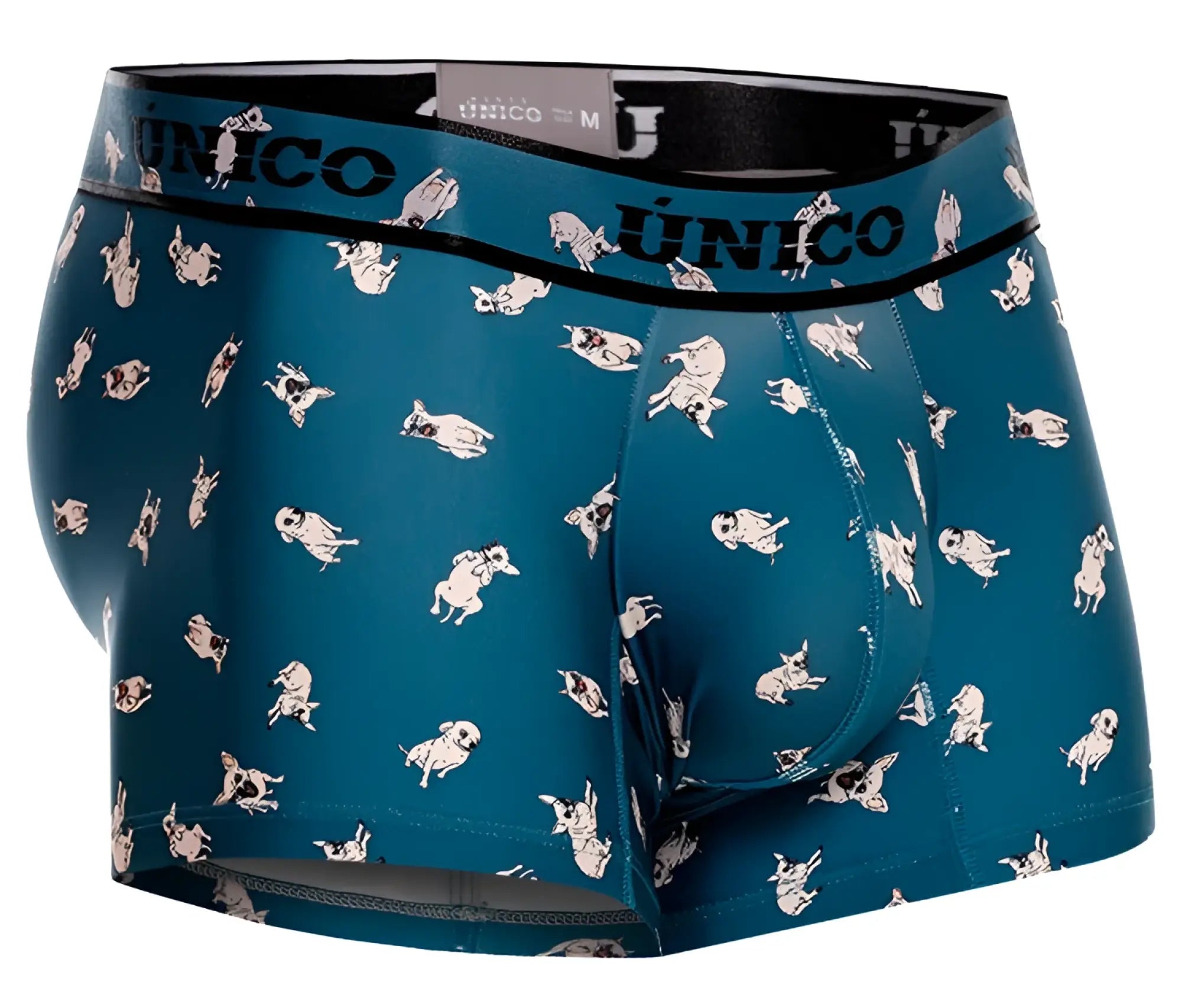 Teal men’s boxer briefs with playful white and black cartoon pugs and único branded waistband in blue color