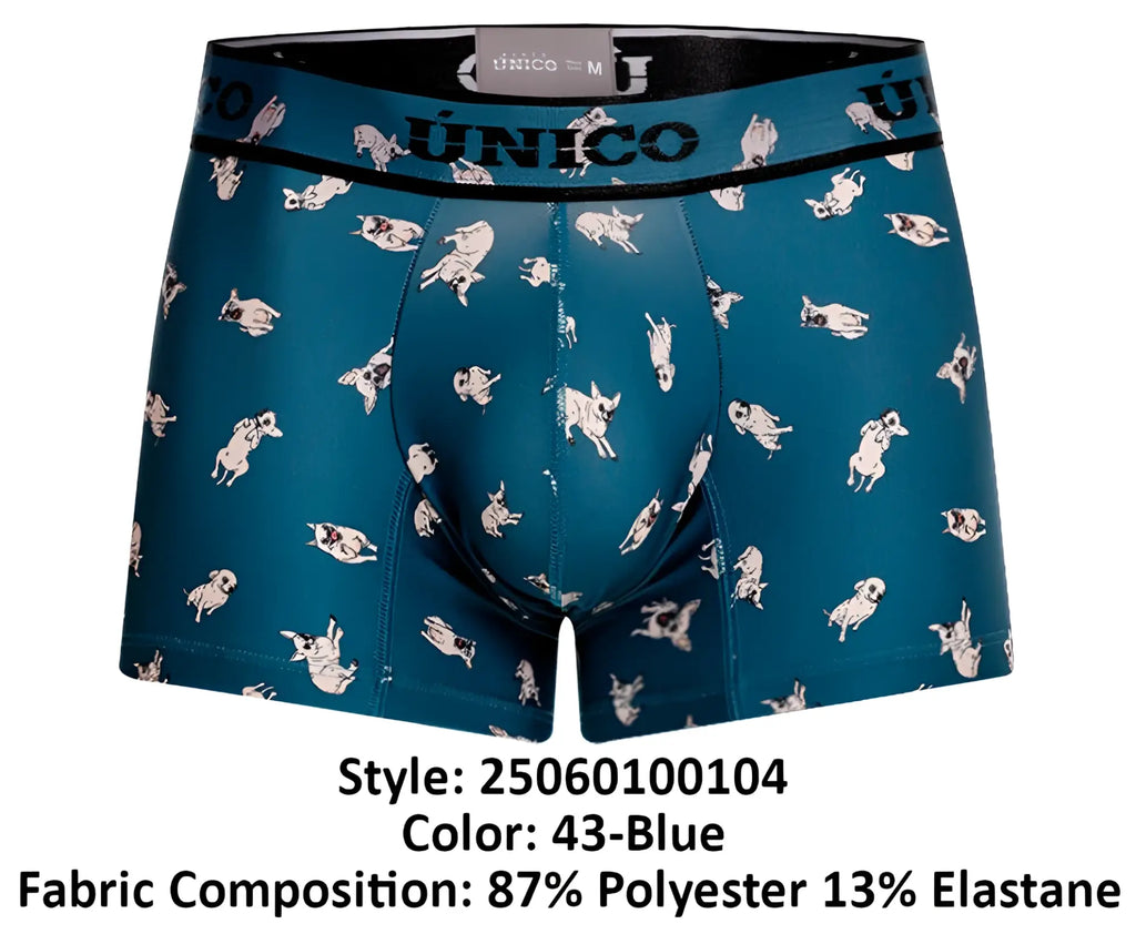 Teal unico men’s boxer briefs with white and gray pug dog pattern in chico trunks color 43 blue