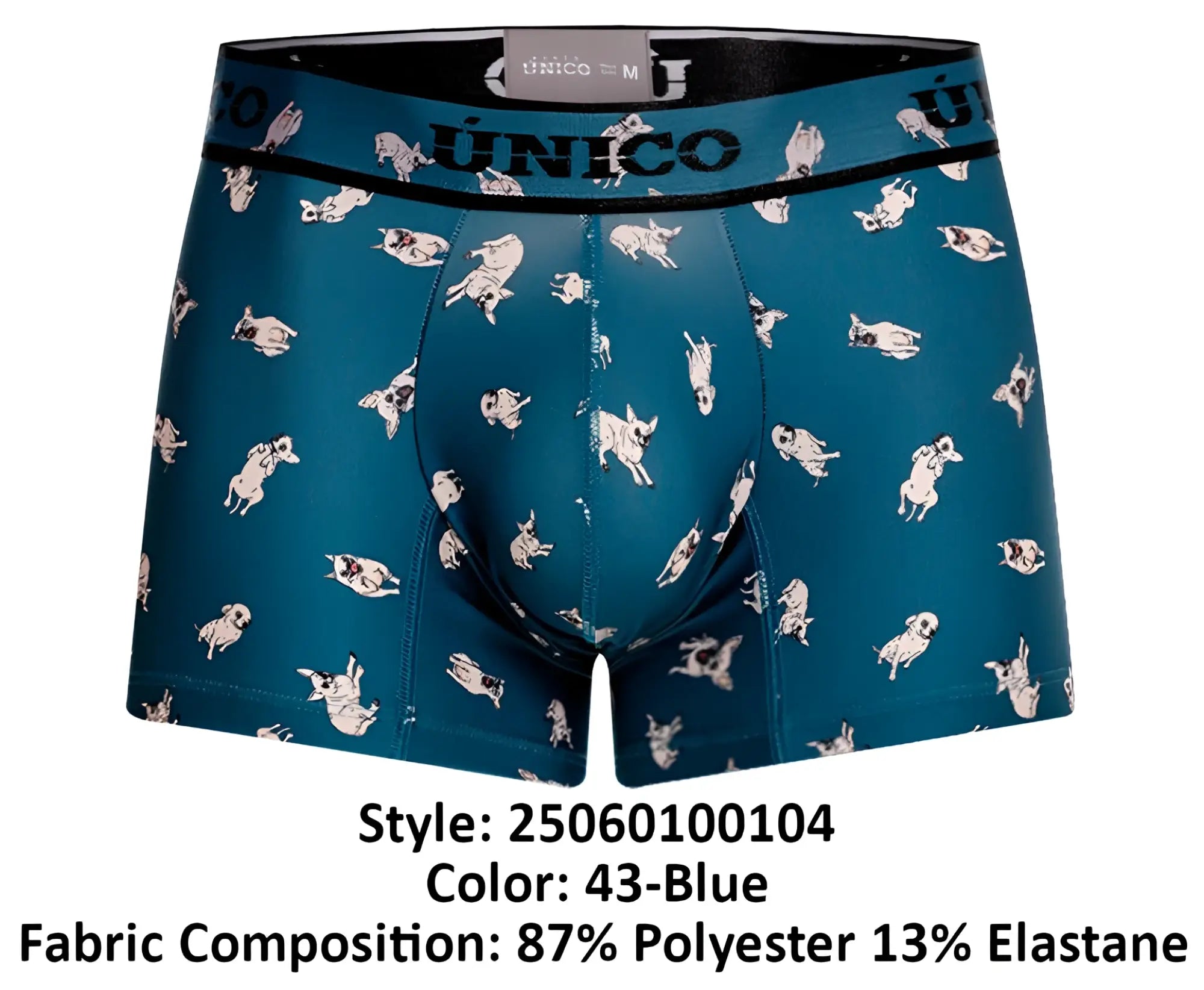 Teal unico men’s boxer briefs with white and gray pug dog pattern in chico trunks color 43 blue