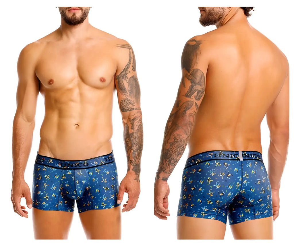 Blue boxer briefs with a yellow and green abstract pattern and luna nick waistband from unico 25060100106 pacer trunks