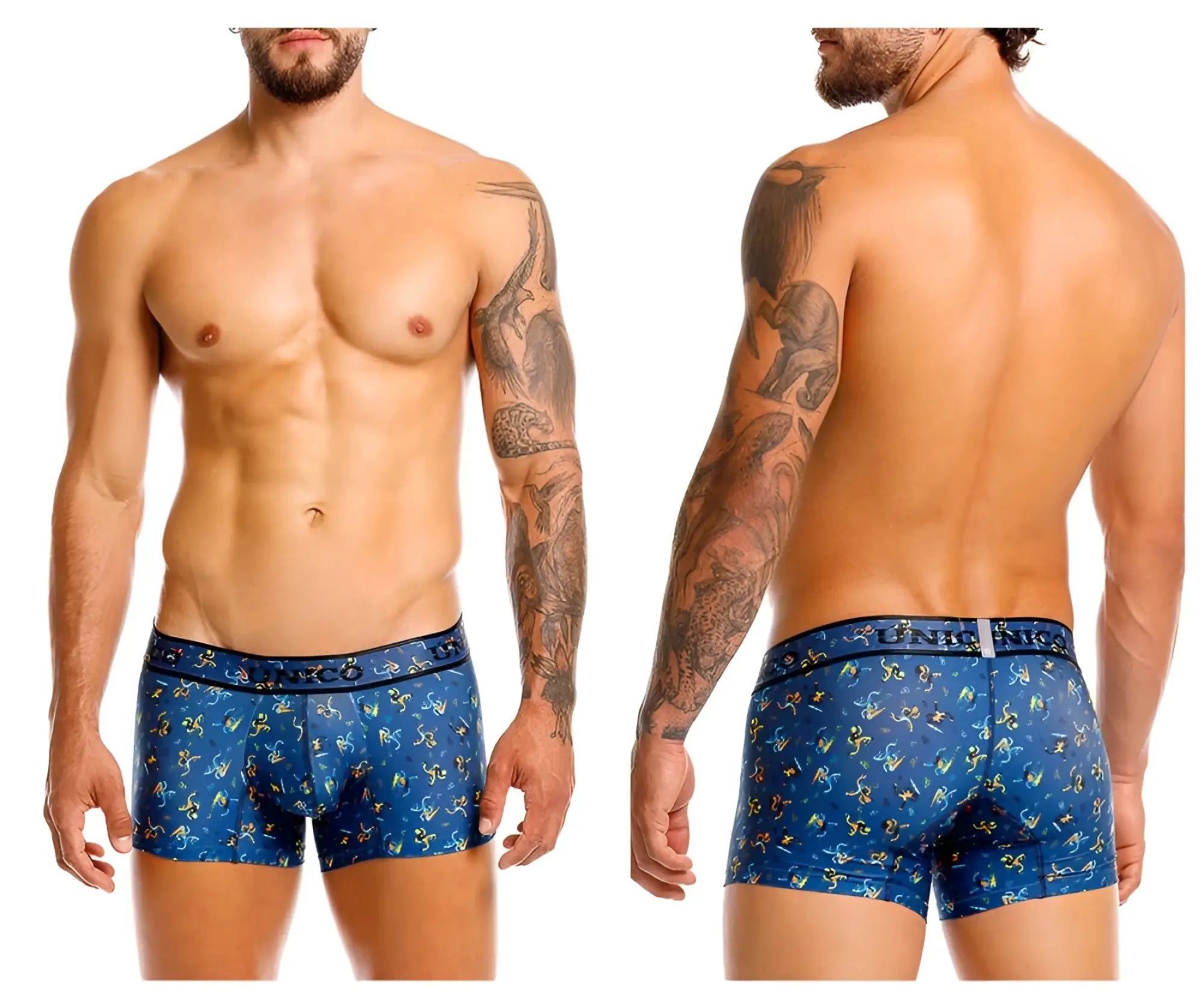 Blue boxer briefs with a yellow and green abstract pattern and luna nick waistband from unico 25060100106 pacer trunks