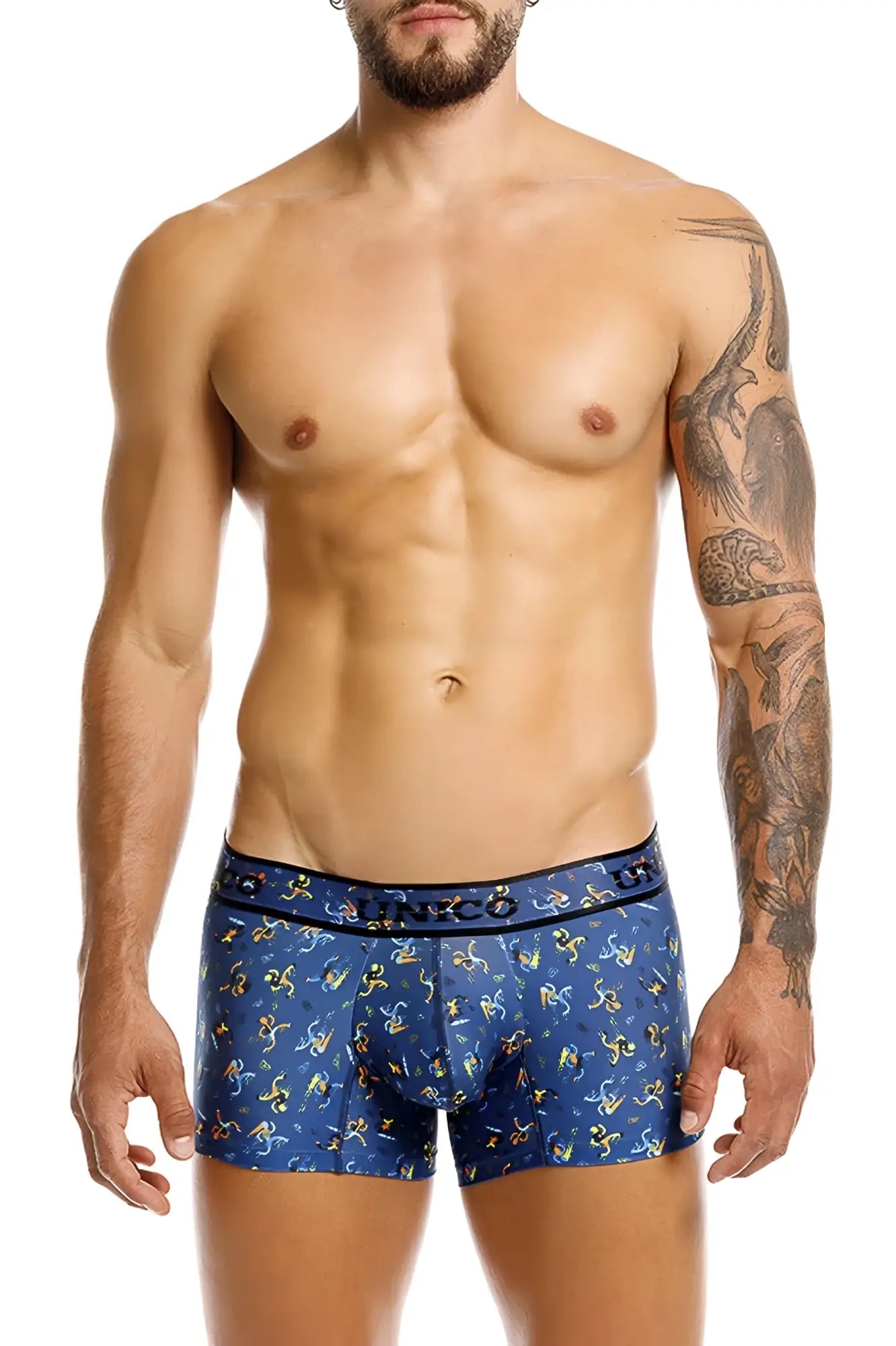 Blue boxer briefs with yellow and white abstract shapes and banco branded waistband from unico 25060100106 pacer trunks color 46-blue